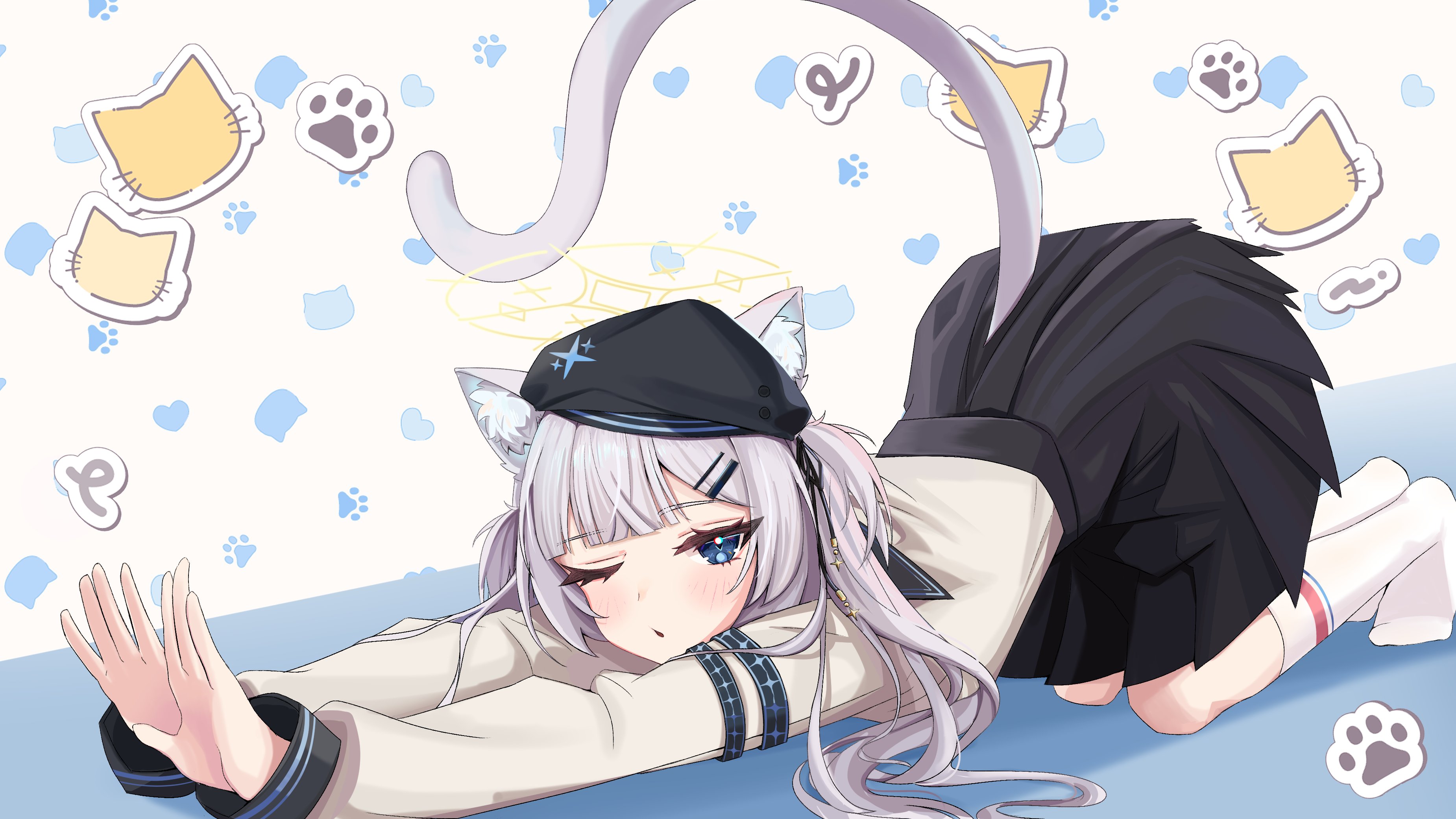 miwapeito, indie virtual youtuber, absurdres, highres, 1girl, animal ears, beret, black skirt, blue eyes, blunt bangs, blush, cat ears, cat girl, cat tail, chiwa (vtuber), full body, halo, hat, long hair, long sleeves, looking at viewer, no shoes, one eye closed, parted lips, paw print, paw print background, pleated skirt, skirt, socks, solo, stretching, tail, two-tone background, two side up, white hair, white socks