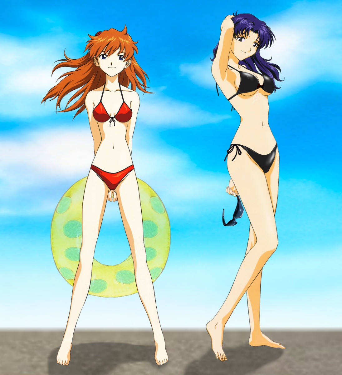 katsuragi misato, souryuu asuka langley, neon genesis evangelion, highres, tagme, 2girls, arm behind head, armpits, arms behind back, bikini, blue eyes, blue hair, breasts, brown eyes, full body, holding, holding removed eyewear, innertube, large breasts, long hair, multiple girls, red hair, side-tie bikini bottom, sky, small breasts, smile, sunglasses, swim ring, swimsuit, unworn eyewear