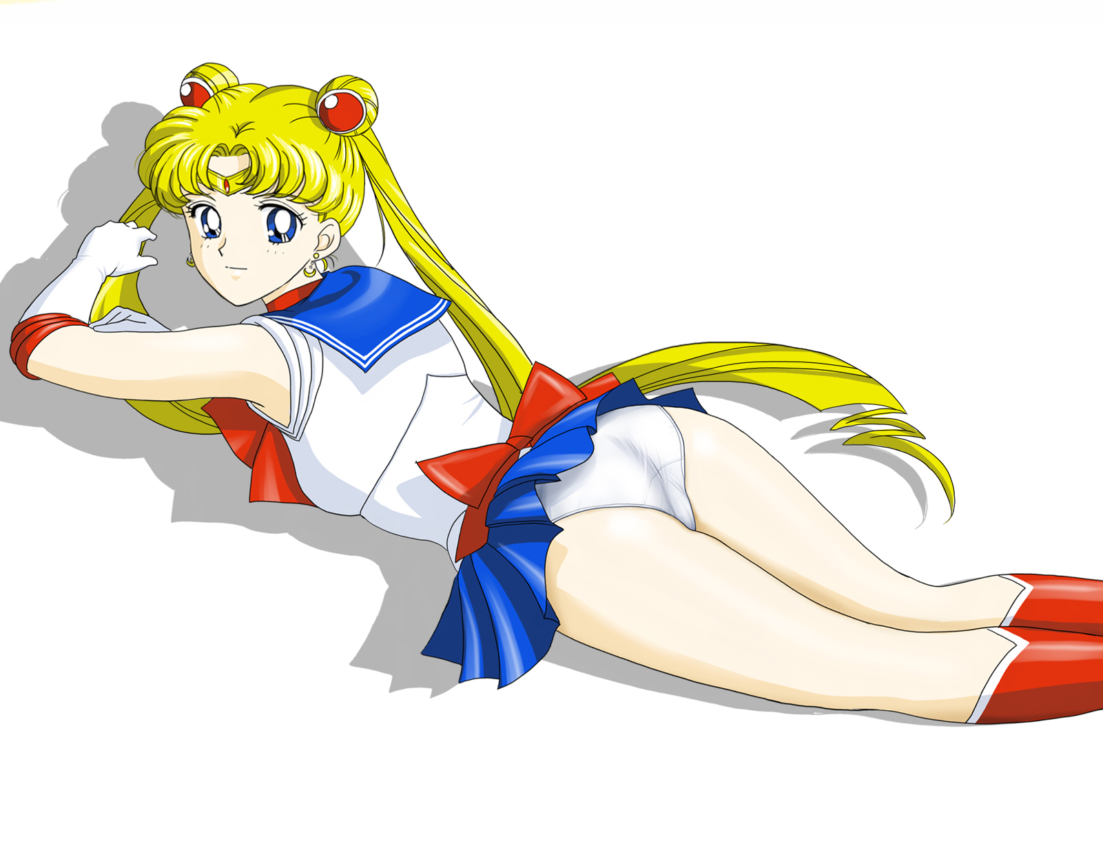 mr. r (2ch's sailor moon thread), sailor moon, tsukino usagi, bishoujo senshi sailor moon, highres, 1990s (style), 1girl, ass, back bow, bare legs, blonde hair, blue eyes, blue sailor collar, blue skirt, boots, bow, choker, closed mouth, crescent, crescent earrings, double bun, earrings, elbow gloves, expressionless, female focus, gloves, hair bun, hair ornament, jewelry, knee boots, kneehighs, long hair, looking at viewer, looking back, lying, magical girl, miniskirt, on stomach, panties, pantyshot, parted bangs, pleated skirt, red boots, red bow, red choker, retro artstyle, sailor collar, school uniform, serafuku, shadow, skirt, socks, solo, tiara, twintails, underwear, upskirt, very long hair, white background, white gloves, white panties