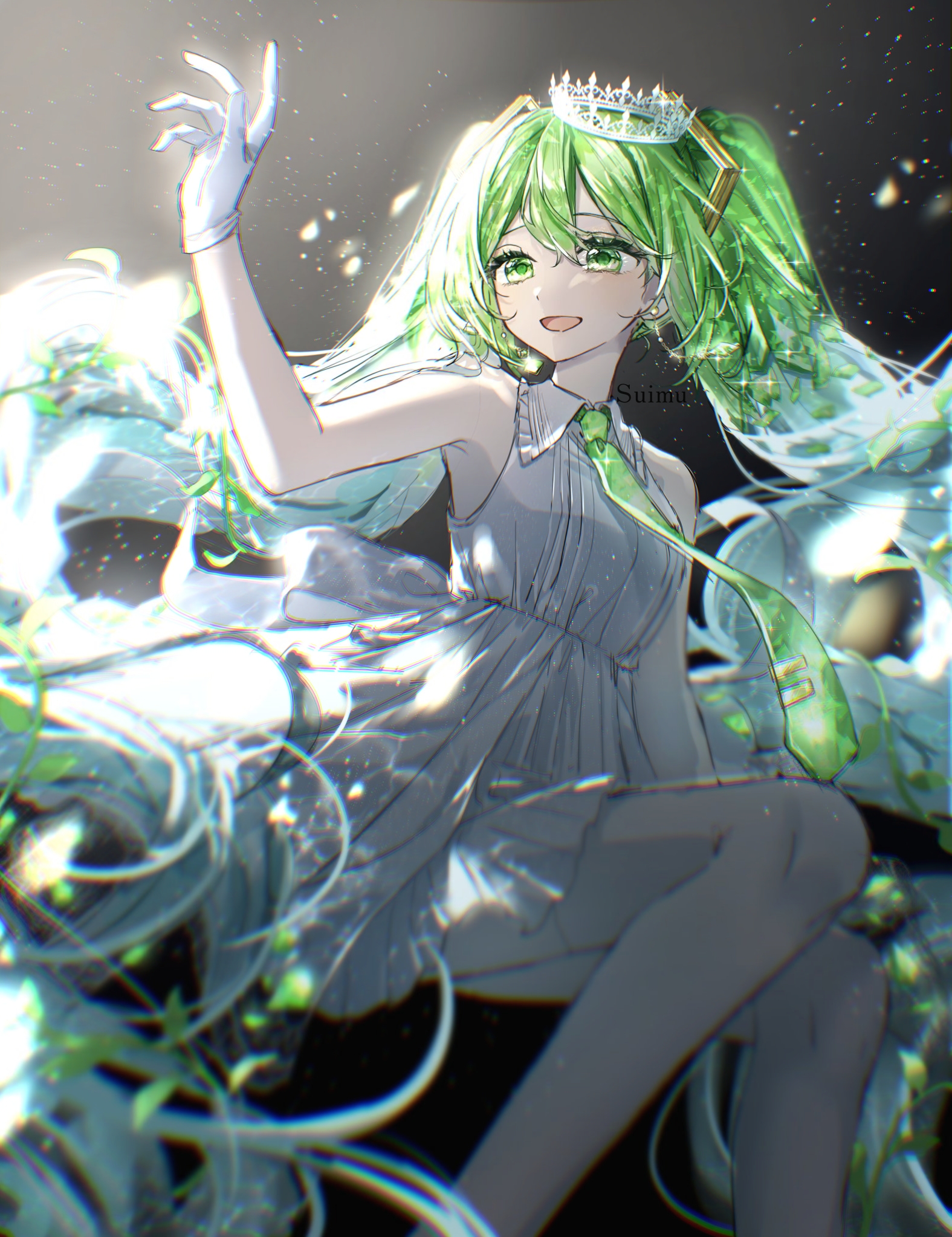 mallow (di fushang), hatsune miku, vocaloid, commentary request, highres, 1girl, arm up, bare shoulders, black background, collared dress, crown, double-parted bangs, dress, feet out of frame, gloves, green eyes, green hair, green necktie, hair between eyes, long hair, necktie, open mouth, sleeveless, sleeveless dress, smile, solo, tie clip, very long hair, white crown, white dress, white gloves