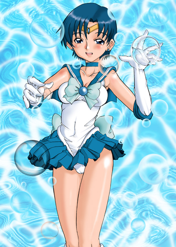 mizuno ami, sailor mercury, bishoujo senshi sailor moon, 1990s (style), 1girl, blue eyes, blue hair, female focus, matching hair/eyes, panties, retro artstyle, school uniform, serafuku, short hair, solo, underwear