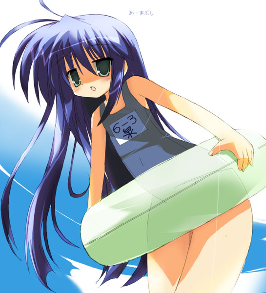 izumi konata, lucky star, 00s, blue hair, green eyes, swimsuit