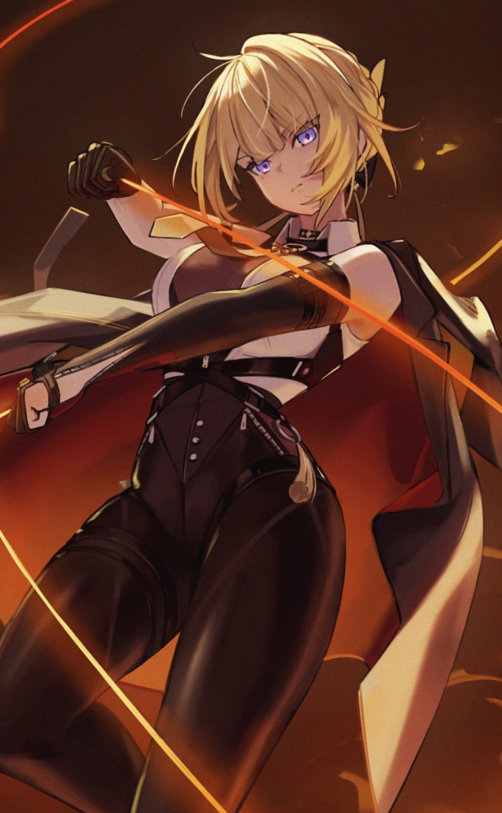 bomberca309, evelyn chevalier, zenless zone zero, highres, 1girl, bare shoulders, black gloves, black jacket, black pants, blonde hair, breasts, chest harness, choker, collared shirt, earrings, elbow gloves, gloves, hair ornament, harness, high-waist pants, jacket, jacket on shoulders, jewelry, large breasts, looking at viewer, medium hair, necktie, pants, purple eyes, shirt, sleeveless, sleeveless shirt, solo, thighs, tight clothes, tight pants, white shirt, wire