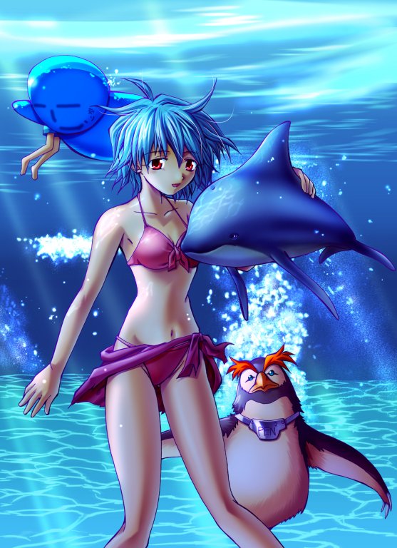 ayanami rei, penpen, neon genesis evangelion, 1girl, bikini, blue hair, breasts, cleavage, dolphin, legs, red eyes, swimsuit, underwater