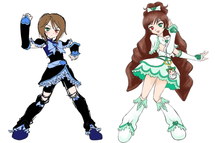 cure black, cure white, jissouseki, souseiseki, suiseiseki, futari wa precure, precure, rozen maiden, 2girls, 4girls, alternate color, boots, brown hair, cosplay, crossover, cure black (cosplay), cure white (cosplay), half updo, heterochromia, knee boots, long hair, magical girl, multiple girls, short hair, siblings, sisters, twins, white background