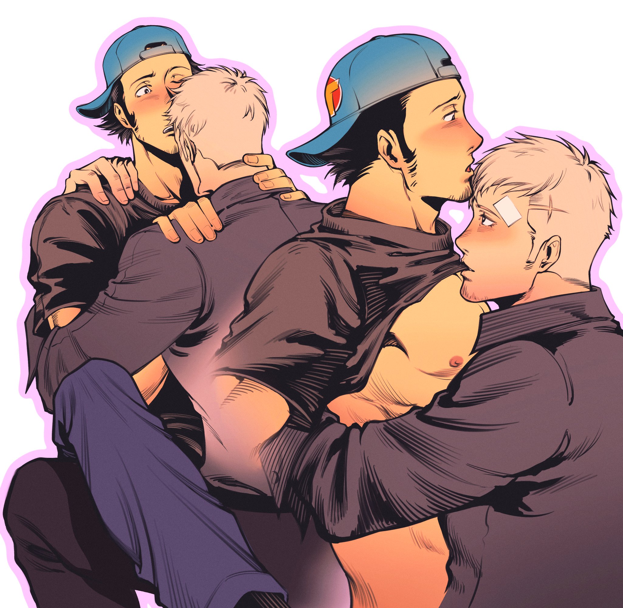 oldkin, iori junpei, sanada akihiko, persona, persona 3, persona 4: the ultimate in mayonaka arena, chinese commentary, highres, 2boys, backwards hat, bandaid, bandaid on head, bara, baseball cap, black hair, black pants, black shirt, blue hat, blue pants, blush, clothes lift, dress shirt, facial hair, goatee stubble, hat, looking at another, male focus, multiple boys, muscular, muscular male, nipples, one eye closed, pants, pectorals, shirt, shirt lift, short hair, simple background, sitting, sitting on person, stubble, white background, white hair, yaoi