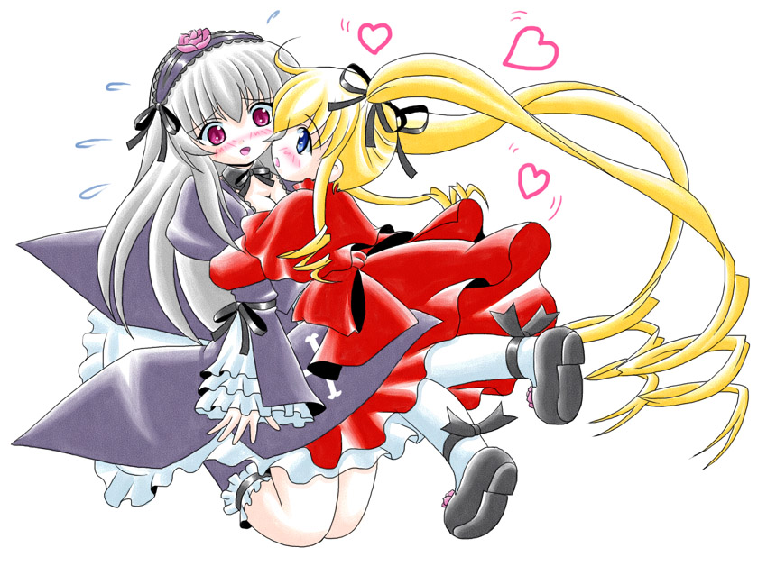 shinku, suigintou, rozen maiden, 00s, blonde hair, blue eyes, red eyes, white hair