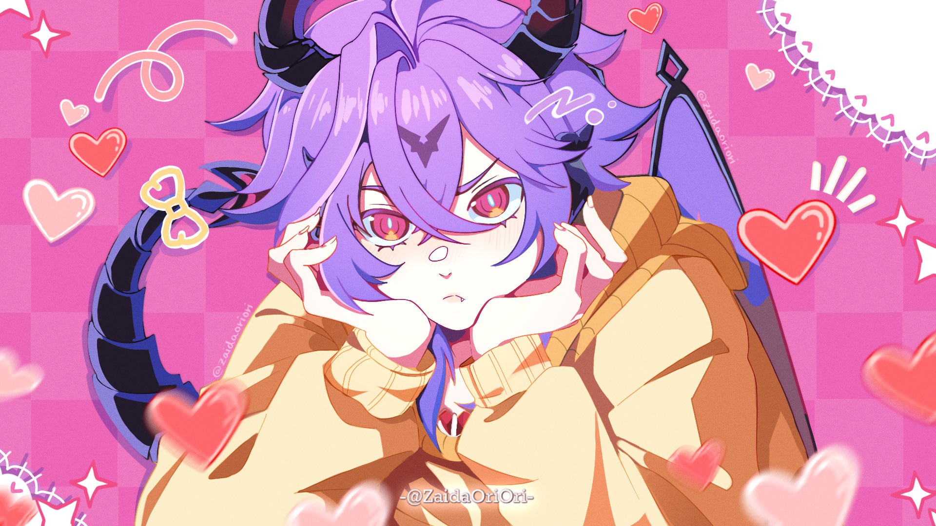 mini durin (genshin impact), mini durin (human) (genshin impact), genshin impact, highres, 1boy, checkered background, closed mouth, dragon horns, dragon tail, dragon wings, hair between eyes, heart, horns, long sleeves, male focus, pink background, purple hair, red eyes, short hair, simple background, solo, sweater, tail, wings, yellow sweater, zaidaoriori