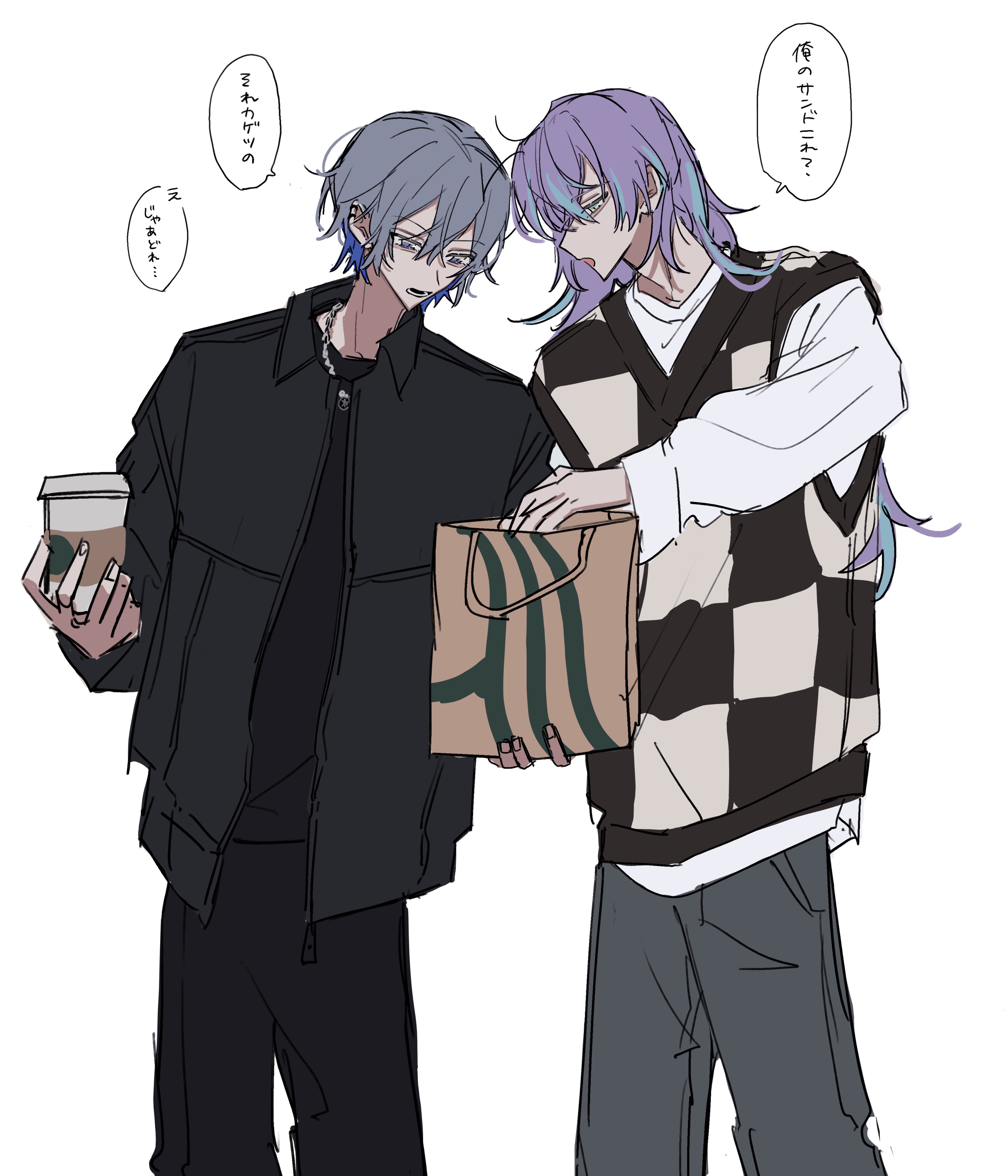 kesiks0616, hoshirube sho, koyanagi rou, nijisanji, absurdres, highres, translation request, 2boys, blue hair, collared shirt, cup, disposable cup, grey hair, hair between eyes, holding, holding cup, jacket, long hair, long sleeves, looking at another, looking down, male focus, multiple boys, multiple girls, pants, purple hair, shirt, short hair, simple background, sketch, speech bubble, sweater vest, virtual youtuber, white background