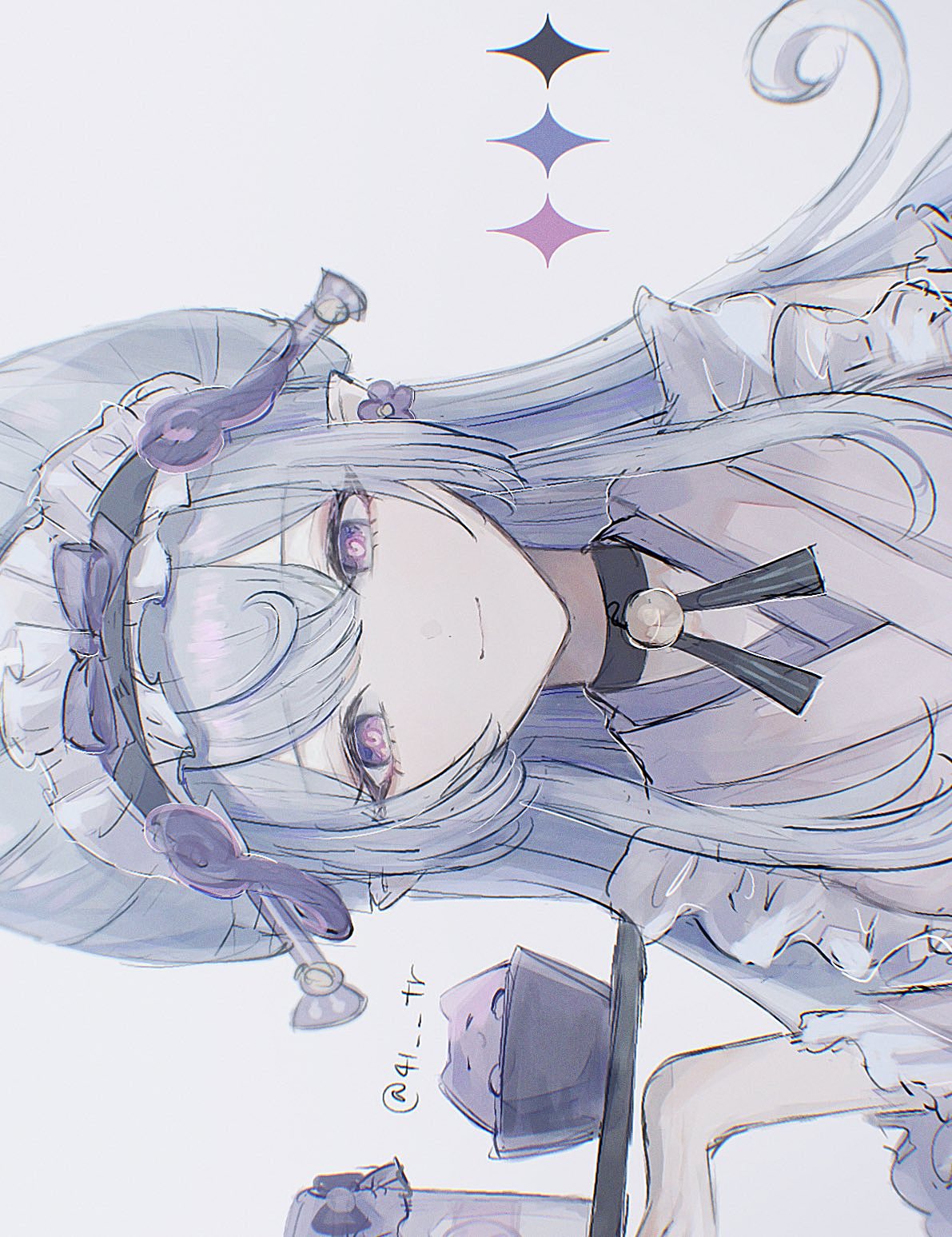 41 tr, yumemizuki mizuki, genshin impact, highres, 1girl, bell, black choker, blue hair, choker, closed mouth, color guide, earrings, flower earrings, food, frilled hairband, frills, hairband, holding, holding food, holding tray, japanese clothes, jewelry, kimono, light smile, long hair, looking to the side, maid, nihongami, pink kimono, pointy ears, purple eyes, sideways, simple background, solo, tray, twitter username, upper body, wa maid, white background