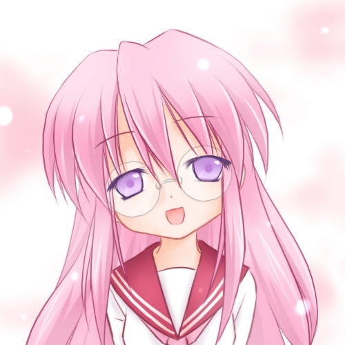 takara miyuki, lucky star, eyebrows, lowres, 00s, 1girl, female focus, glasses, hair between eyes, long hair, looking at viewer, neckerchief, open mouth, pink hair, pink neckerchief, purple eyes, school uniform, serafuku, smile, solo, upper body