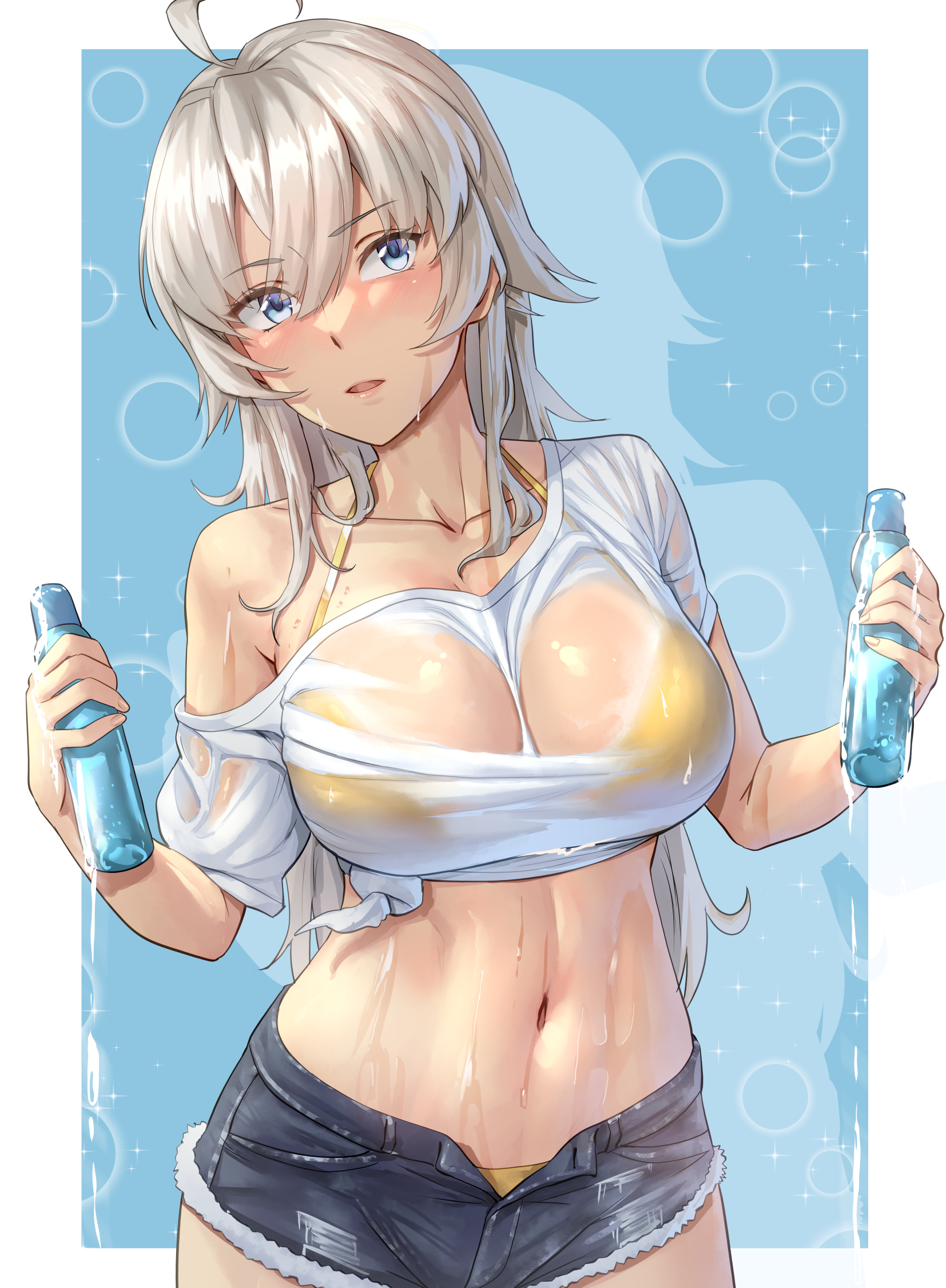 kokuzou, washington (kancolle), kantai collection, highres, 1girl, ahoge, bikini, bikini under clothes, bottle, breasts, collarbone, denim, denim shorts, grey eyes, grey hair, hair between eyes, holding, holding bottle, large breasts, long hair, looking at viewer, navel, open mouth, see-through clothes, see-through shirt, shirt, shorts, simple background, single off shoulder, solo, swimsuit, tied shirt, wet, wet clothes, wet shirt, white shirt, yellow bikini