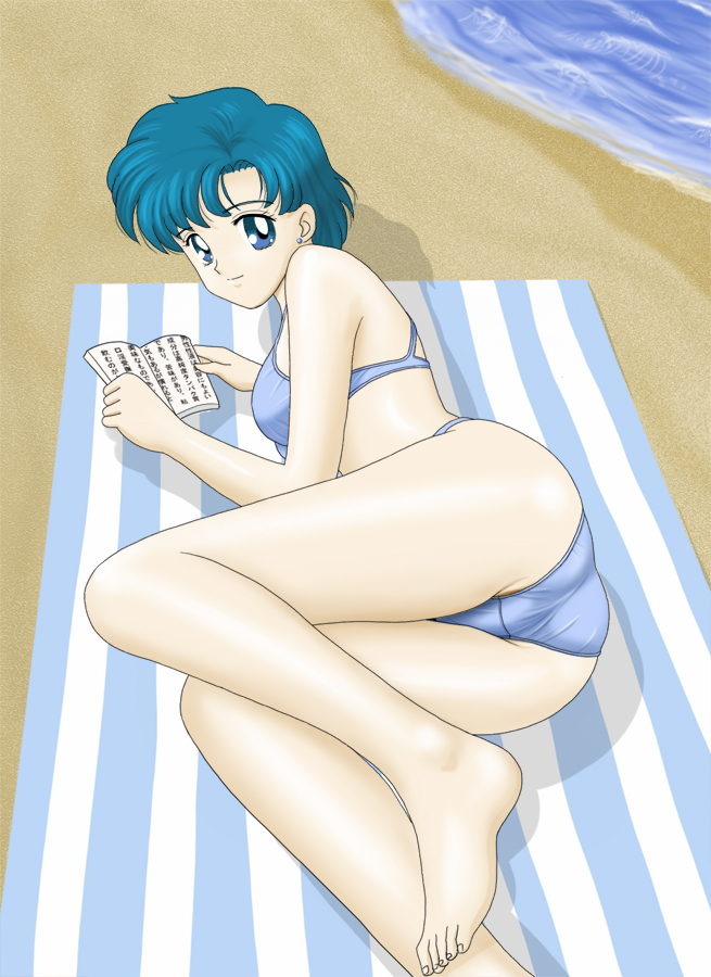 mr. r (2ch's sailor moon thread), mizuno ami, bishoujo senshi sailor moon, 1990s (style), 1girl, ass, beach, bikini, blue bikini, blue eyes, blue hair, book, breasts, crotch, crotch seam, earrings, female focus, jewelry, looking at viewer, lying, matching hair/eyes, medium breasts, on side, outdoors, partially visible vulva, reading, retro artstyle, sand, short hair, solo, striped towel, swimsuit, towel, water