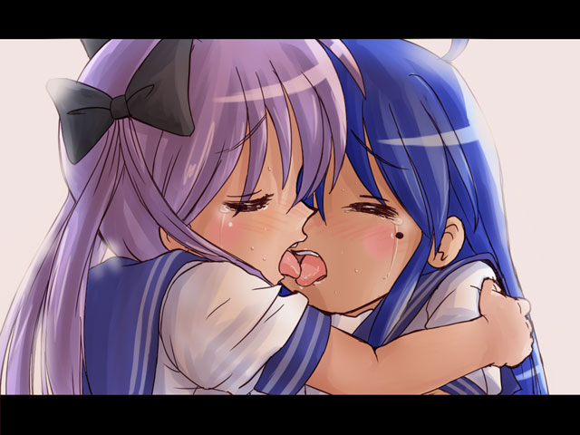 kanakana, hiiragi kagami, izumi konata, lucky star, 00s, 2girls, blue hair, blush, closed eyes, female focus, french kiss, hair ribbon, kiss, mole, multiple girls, ribbon, school uniform, serafuku, short sleeves, tears, tongue, yuri