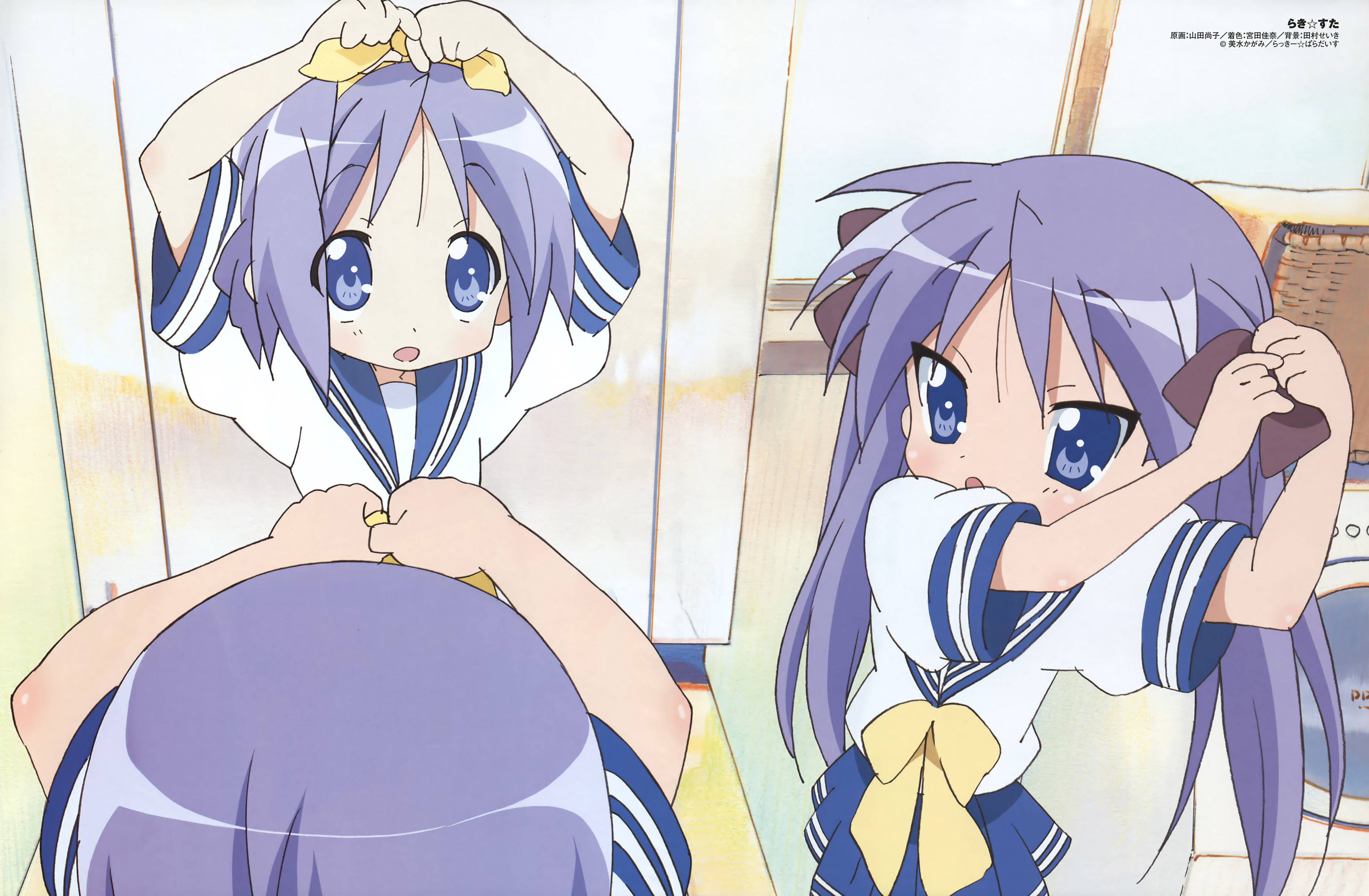 hiiragi kagami, hiiragi tsukasa, lucky star, absurdres, highres, 00s, 2girls, blue eyes, blue hair, multiple girls, school uniform, serafuku, sisters, twins
