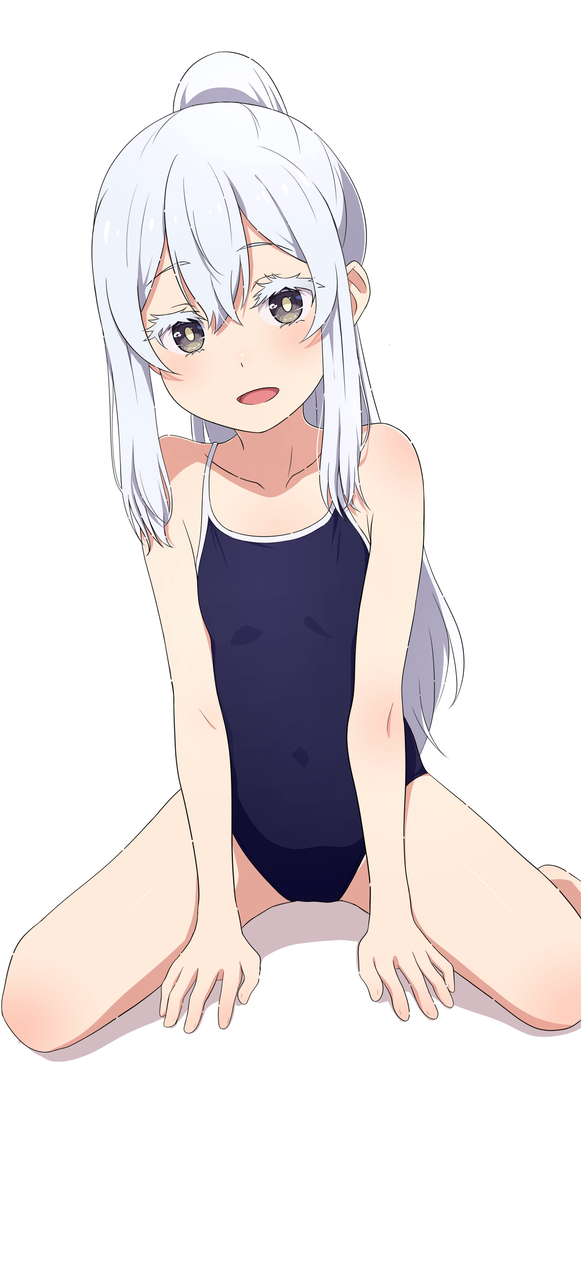 na-suke, echidna (re:zero), re:zero kara hajimeru isekai seikatsu, absurdres, commentary request, highres, 1girl, :d, blue one-piece swimsuit, brown eyes, covered navel, kneeling, long hair, looking at viewer, one-piece swimsuit, open mouth, ponytail, school swimsuit, simple background, smile, solo, swimsuit, thighs, tongue, white background, white hair