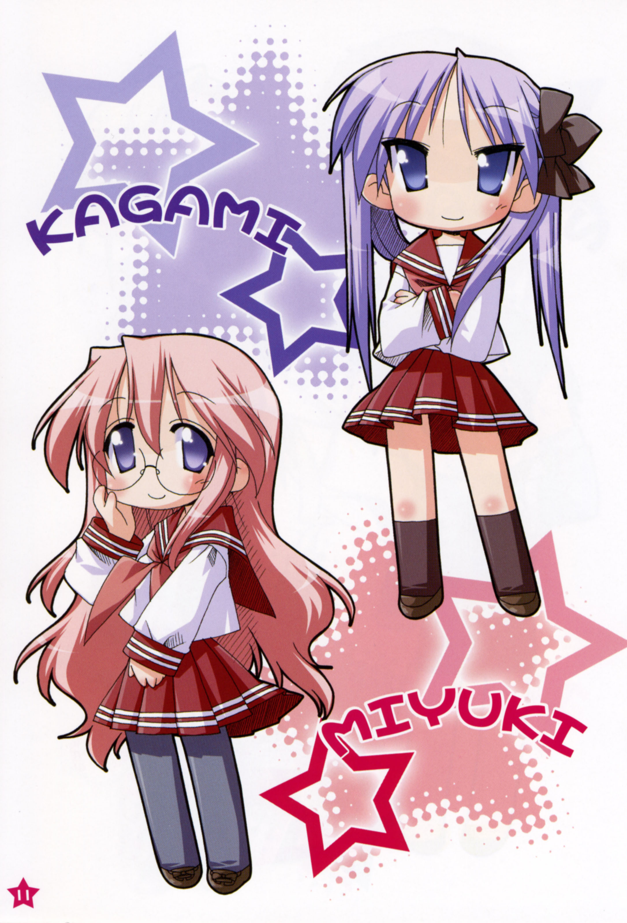 hiiragi kagami, takara miyuki, lucky star, absurdres, highres, 00s, blue eyes, blue hair, glasses, pink hair, school uniform, serafuku