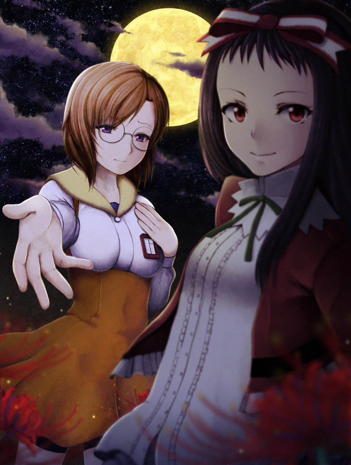 troyd, higanbana (higanbana no saku yoru ni), moriya marie, higanbana no saku yoru ni, highres, 2girls, black hair, blazer, bow, brown hair, buttons, closed mouth, dress, flower, frills, glasses, green ribbon, hair bow, jacket, long hair, looking at viewer, moon, multiple girls, name tag, night, night sky, orange skirt, purple eyes, red bow, red eyes, red jacket, ribbon, shirt, short hair, skirt, sky, smile, spider lily, star (sky), starry sky, striped bow, white dress, white shirt, yellow moon
