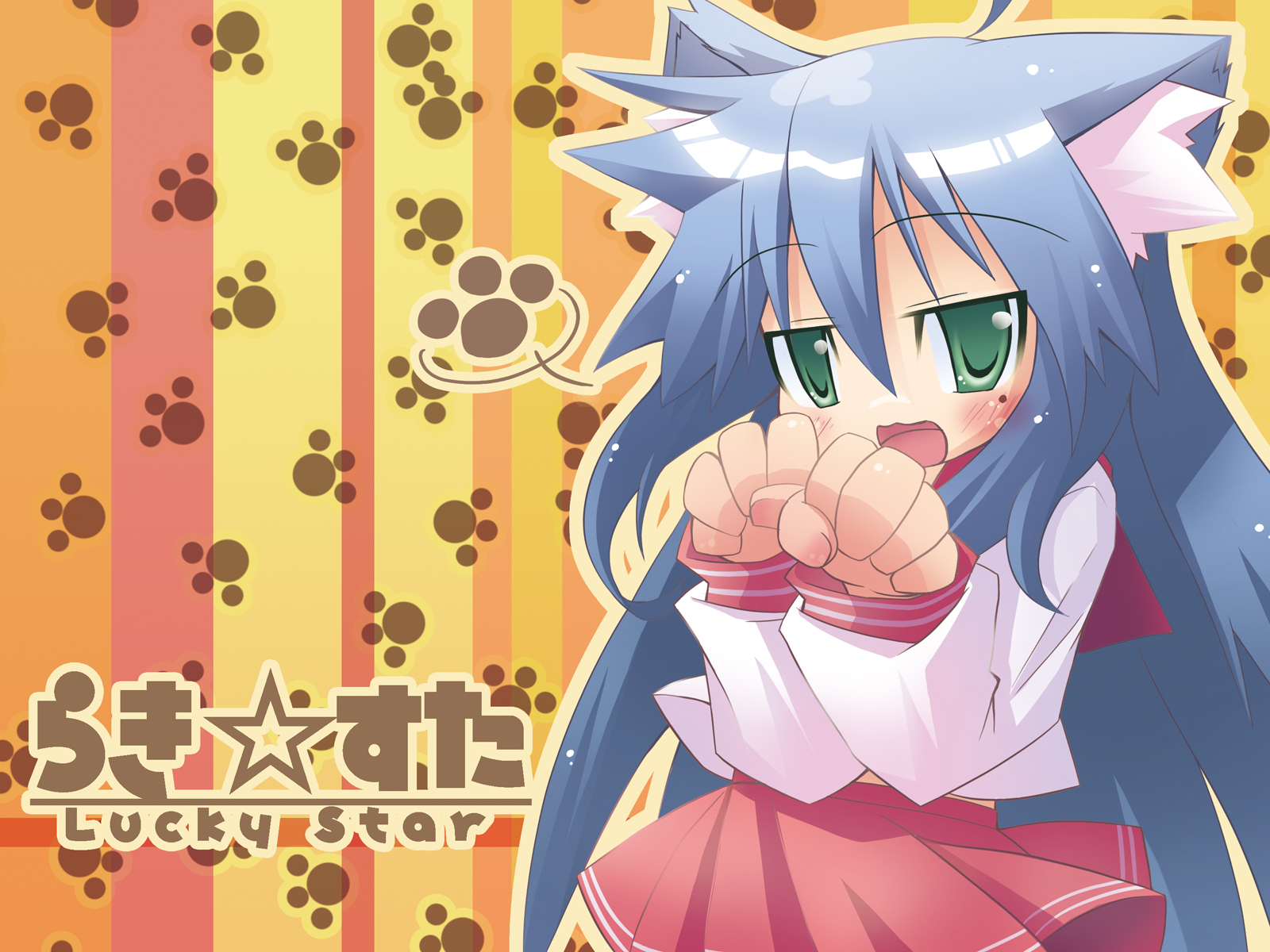 hirose madoka, izumi konata, lucky star, highres, 00s, 1girl, animal ears, blue hair, cat ears, female focus, green eyes, looking at viewer, mole, mole under eye, open mouth, ryouou school uniform, school uniform, serafuku, solo
