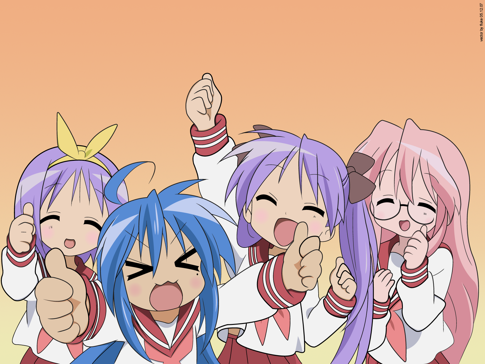 hiiragi kagami, hiiragi tsukasa, izumi konata, takara miyuki, lucky star, derivative work, highres, vector trace, > <, 00s, 4girls, blue hair, glasses, multiple girls, pink hair, school uniform, serafuku, siblings, sisters, twins