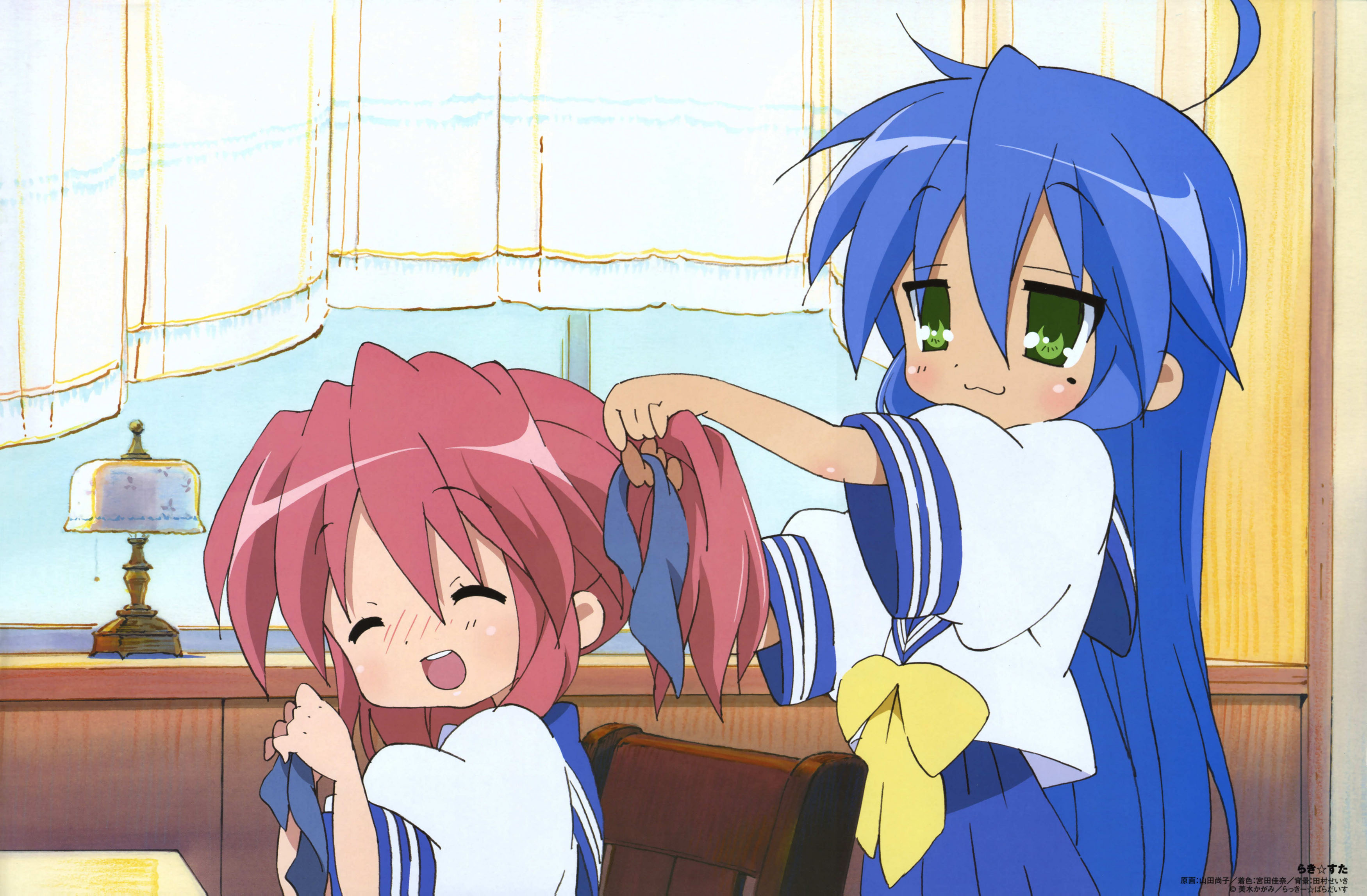 izumi konata, kobayakawa yutaka, lucky star, absurdres, highres, tagme, 00s, 2girls, :3, blue hair, blush, closed eyes, cousins, green eyes, indoors, mole, mole under eye, multiple girls, open mouth, red hair, sailor collar, school uniform, serafuku