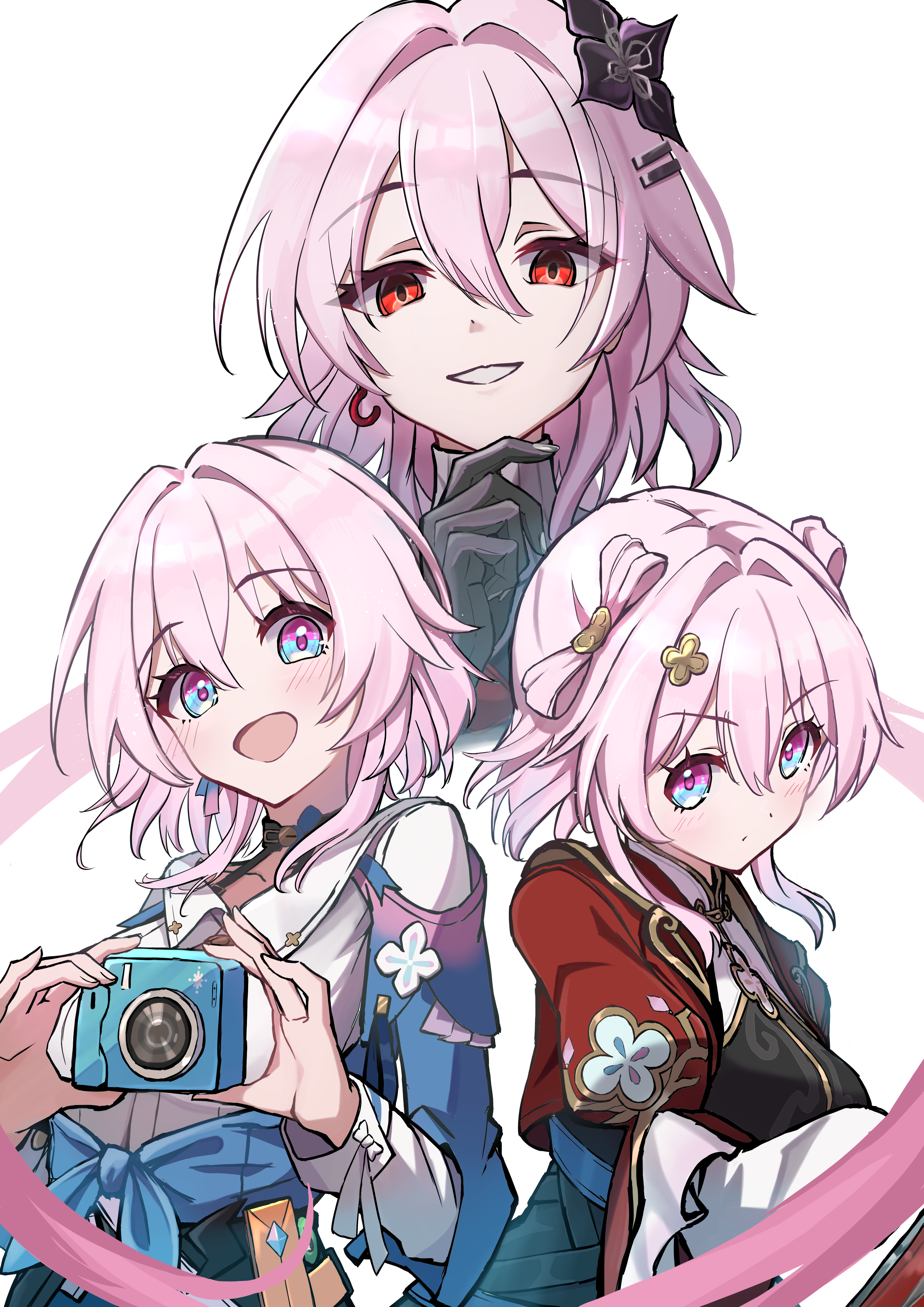 tokonatsu (epfm5277), evernight (honkai: star rail), march 7th (honkai: star rail), march 7th (hunt) (honkai: star rail), march 7th (preservation) (honkai: star rail), honkai: star rail, honkai (series), absurdres, commentary request, highres, 3girls, black flower, black gloves, blue eyes, blue jacket, breasts, camera, chinese clothes, closed mouth, evil grin, evil smile, flower, gloves, grin, hair between eyes, hair flower, hair intakes, hair ornament, hand on own chin, holding, holding camera, jacket, long hair, long sleeves, looking at viewer, medium breasts, medium hair, multicolored eyes, multiple girls, multiple persona, official alternate costume, official alternate eye color, official alternate hairstyle, open mouth, pink eyes, pink hair, pink pupils, red eyes, red jacket, shirt, shuangyaji, simple background, smile, two-tone eyes, upper body, very long hair, white background, white shirt
