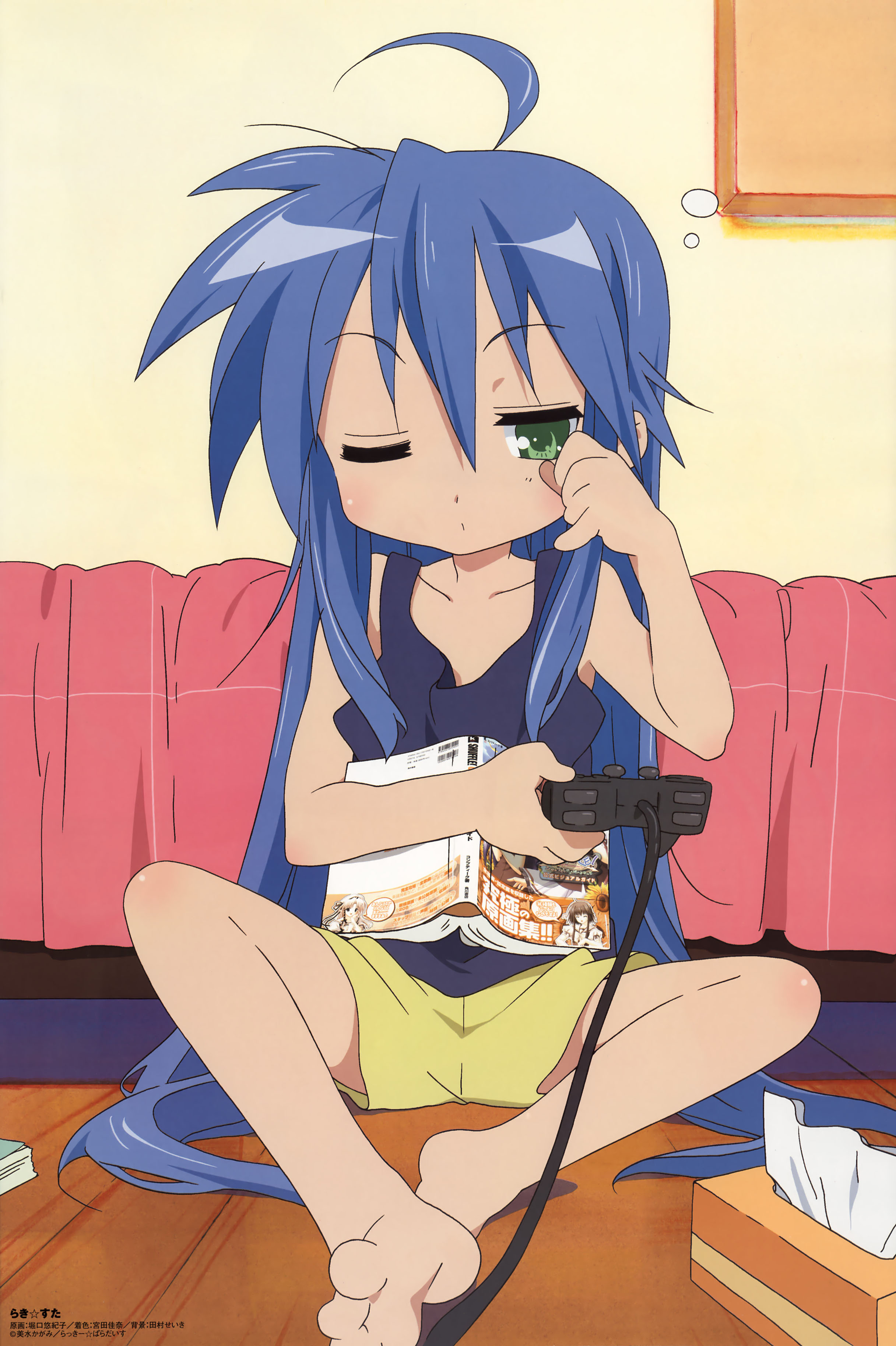 izumi konata, lucky star, absurdres, highres, 00s, barefoot, blue hair, feet, green eyes