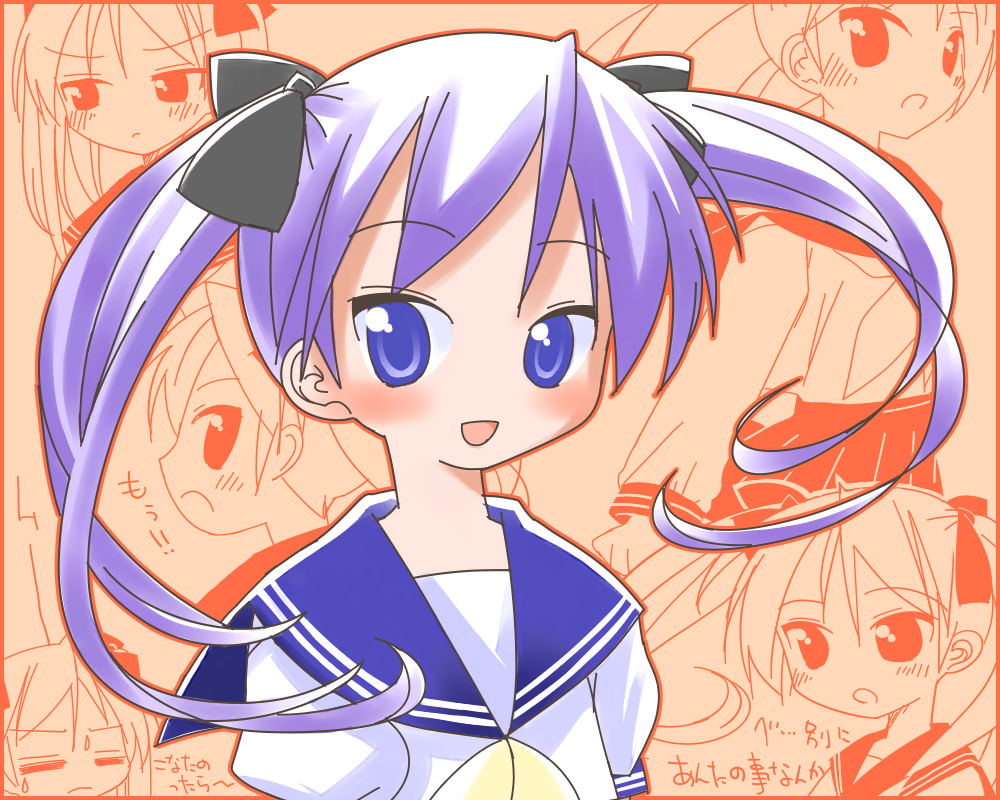 hiiragi kagami, lucky star, 00s, 1girl, :d, blue eyes, blue hair, female focus, long hair, matching hair/eyes, neckerchief, open mouth, pink hair, puffy short sleeves, puffy sleeves, purple eyes, sailor collar, school uniform, serafuku, shirt, short sleeves, smile, solo, upper body, white shirt, yellow neckerchief