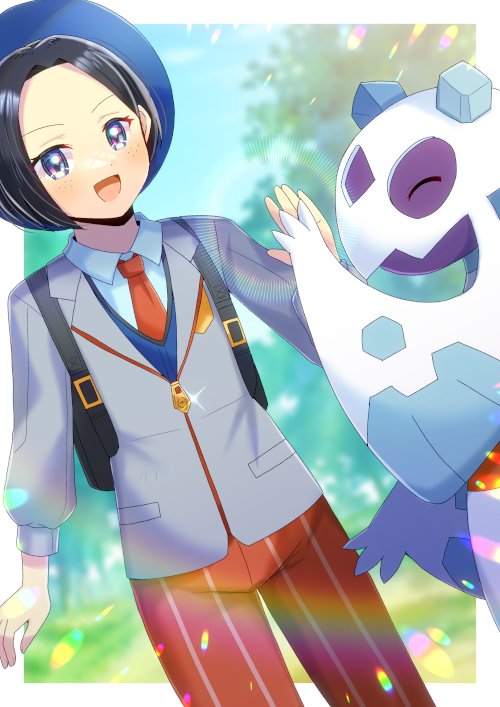 kou hiyoyo, froslass, nintendo, pokemon, character request, commentary request, commission, skeb commission, :d, backpack, bag, black hair, collared shirt, gen 4 pokemon, grey eyes, jacket, naranja academy school uniform, necktie, open mouth, orange pants, pants, pokemon (creature), school uniform, shirt, smile, white shirt