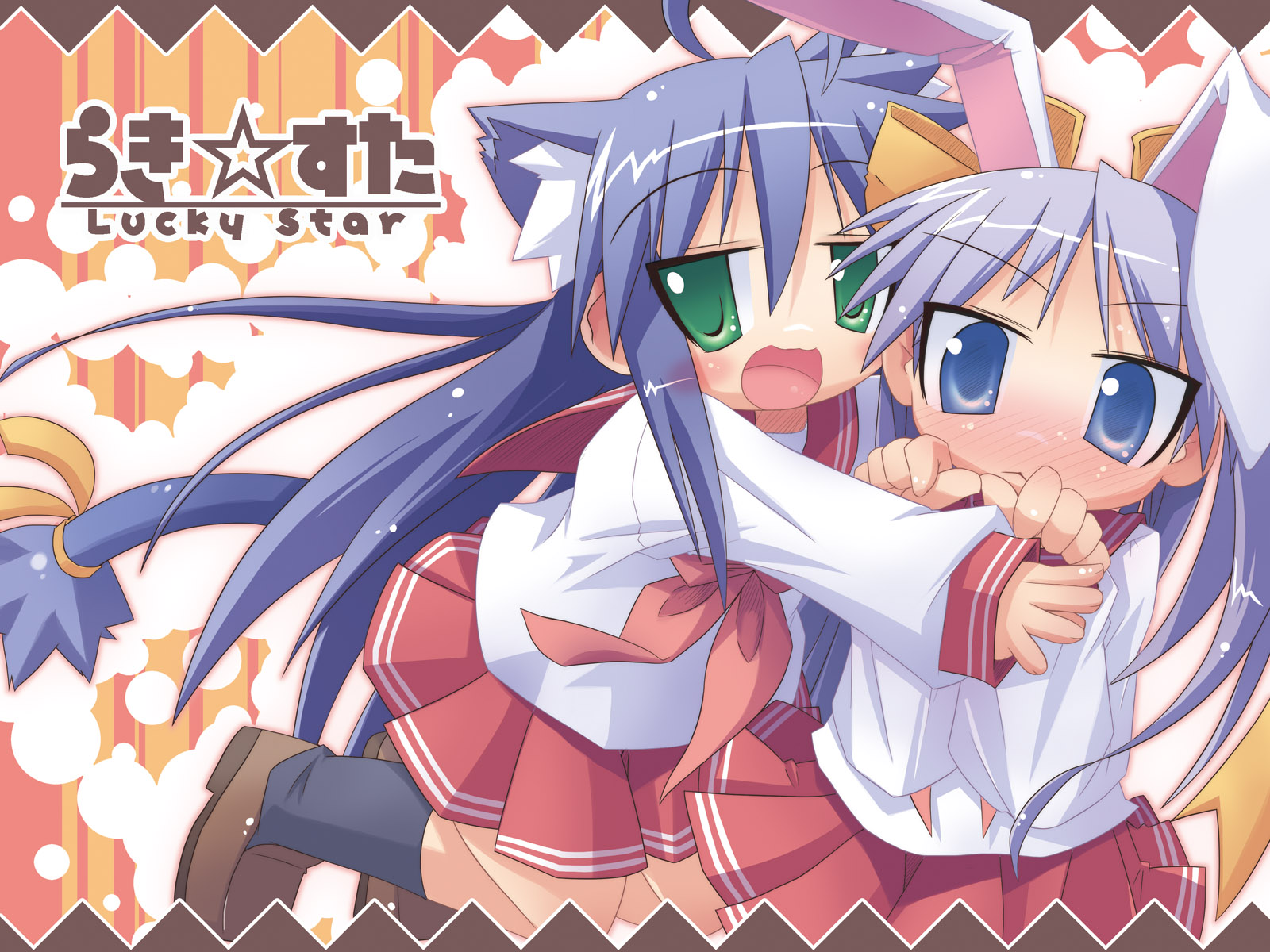 hirose madoka, hiiragi kagami, izumi konata, lucky star, bunny girl, highres, 00s, 2girls, animal ears, blue eyes, blue hair, cat ears, green eyes, multiple girls, rabbit ears, school uniform, serafuku
