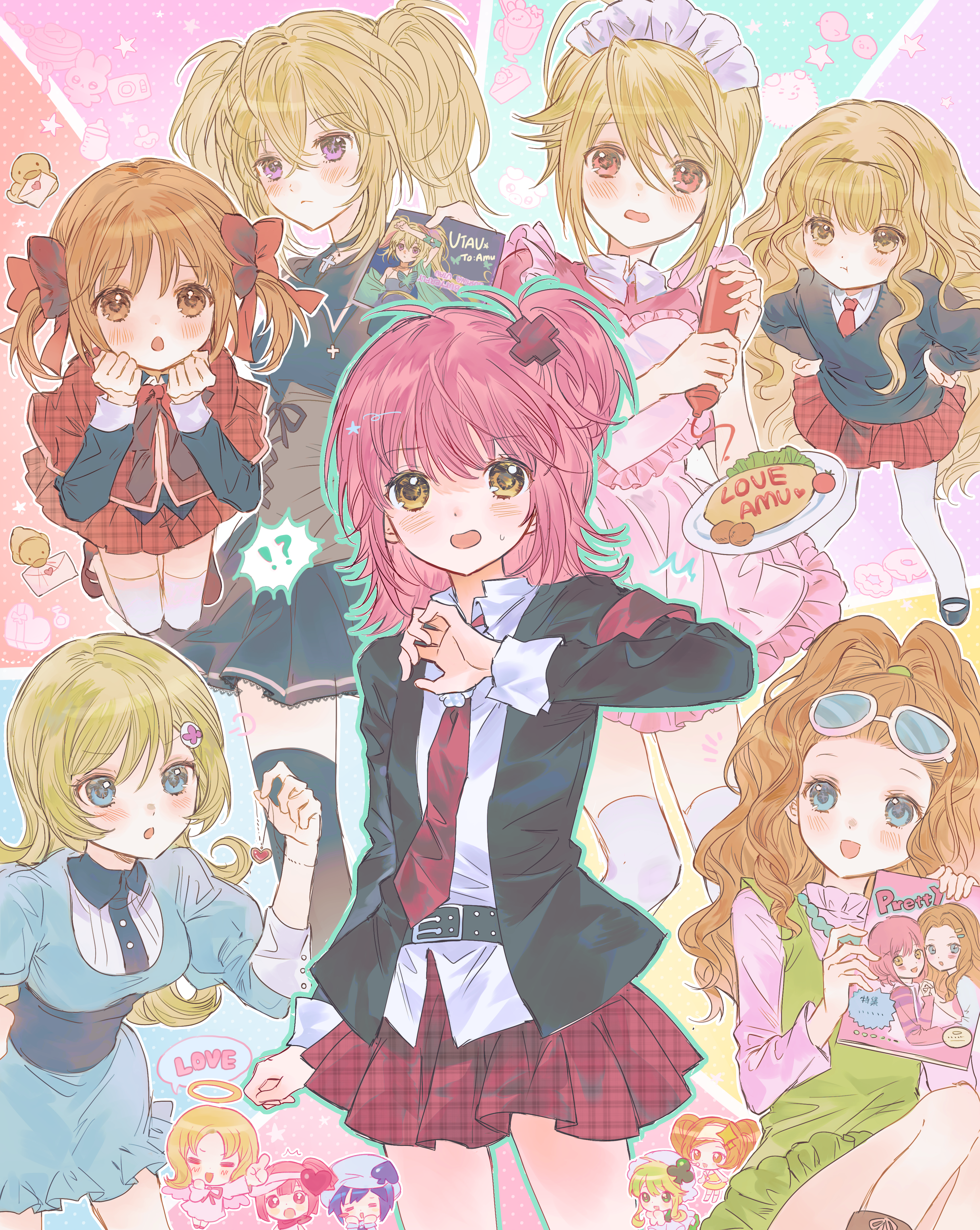 dia (shugo chara!), el (shugo chara!), hinamori amu, hoshina utau, hotori tadase, lulu de morcerf, mashiro rima, miki (shugo chara!), ran (shugo chara!), sakurai yua, suu (shugo chara!), yuiki yaya, shugo chara!, absurdres, highres, !?, 1boy, 6+girls, ahoge, armband, black jacket, blazer, blonde hair, blue eyes, blush, bottle, bow, brown eyes, brown hair, crossdressing, crossdressing (mtf), food, guardian chara, hair bow, holding, holding bottle, jacket, ketchup bottle, maid, maid headdress, male maid, mixed harem, multiple girls, necktie, omelet, omurice, one side up, open clothes, open jacket, pink hair, plaid clothes, plaid skirt, pleated skirt, purple eyes, red armband, red bow, red eyes, red necktie, red skirt, school uniform, seiyo academy school uniform, shirt, skirt, twintails, unmoving pattern, white shirt, xiaoyan diaoyushao, yellow eyes