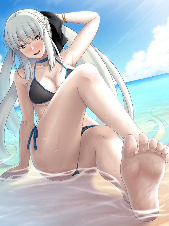 chuppa (katotsuba), morgan le fay (fate), fate/grand order, fate (series), 1girl, bare shoulders, barefoot, beach, bikini, black bikini, black bow, black ribbon, blue eyes, blue sky, blush, bow, braid, breasts, cleavage, feet, foot focus, grey hair, hair bow, large breasts, long hair, looking at viewer, medium breasts, navel, open mouth, ponytail, ribbon, shore, sidelocks, sky, smile, solo, swimsuit, very long hair, water, wet, white hair