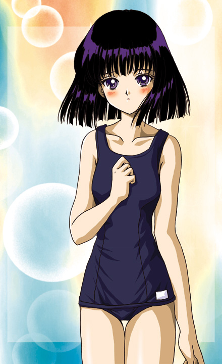 sailor saturn, tomoe hotaru, bishoujo senshi sailor moon, 1990s (style), 1girl, black hair, blush, collarbone, female focus, hip focus, purple eyes, purple hair, retro artstyle, school swimsuit, short hair, solo, swimsuit
