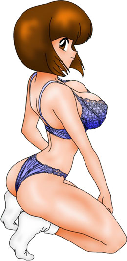 tendou nabiki, ranma 1/2, non-web source, 1girl, ass, blue bra, blue panties, bra, breasts, brown eyes, brown hair, female focus, kneeling, lace, large breasts, lingerie, looking back, panties, short hair, smile, socks, solo, underwear, white socks
