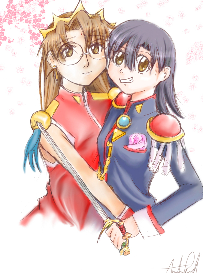 himemiya anthy, mizuhara koyomi, takino tomo, tenjou utena, azumanga daiou, shoujo kakumei utena, 1990s (style), black hair, brown eyes, brown hair, cosplay, crown, epaulettes, facial mark, flower, glasses, himemiya anthy (cosplay), long hair, retro artstyle, rose, short hair, smile, sword, tenjou utena (cosplay), weapon