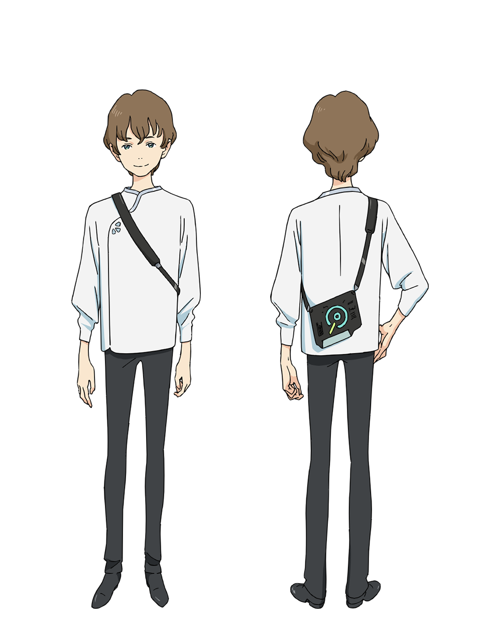 yoshida ken'ichi, chikyuugai shounen shoujo, highres, official art, 2boys, anime coloring, back, black pants, black shoes, blue eyes, brown hair, closed mouth, from behind, full body, hand on own hip, long sleeves, looking at viewer, multiple boys, multiple views, pants, shirt, shoes, short hair, simple background, smile, standing, transparent background, tsukuba taiyou, white shirt