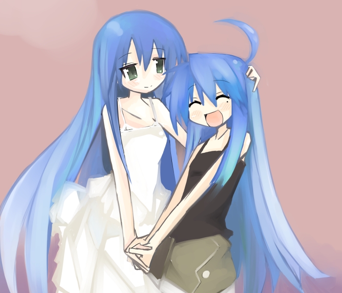 izumi kanata, izumi konata, lucky star, 00s, 2girls, age difference, ahoge, alternate universe, bare shoulders, blue hair, dress, green eyes, holding hands, long hair, mole, mole under eye, mother and daughter, multiple girls, tank top