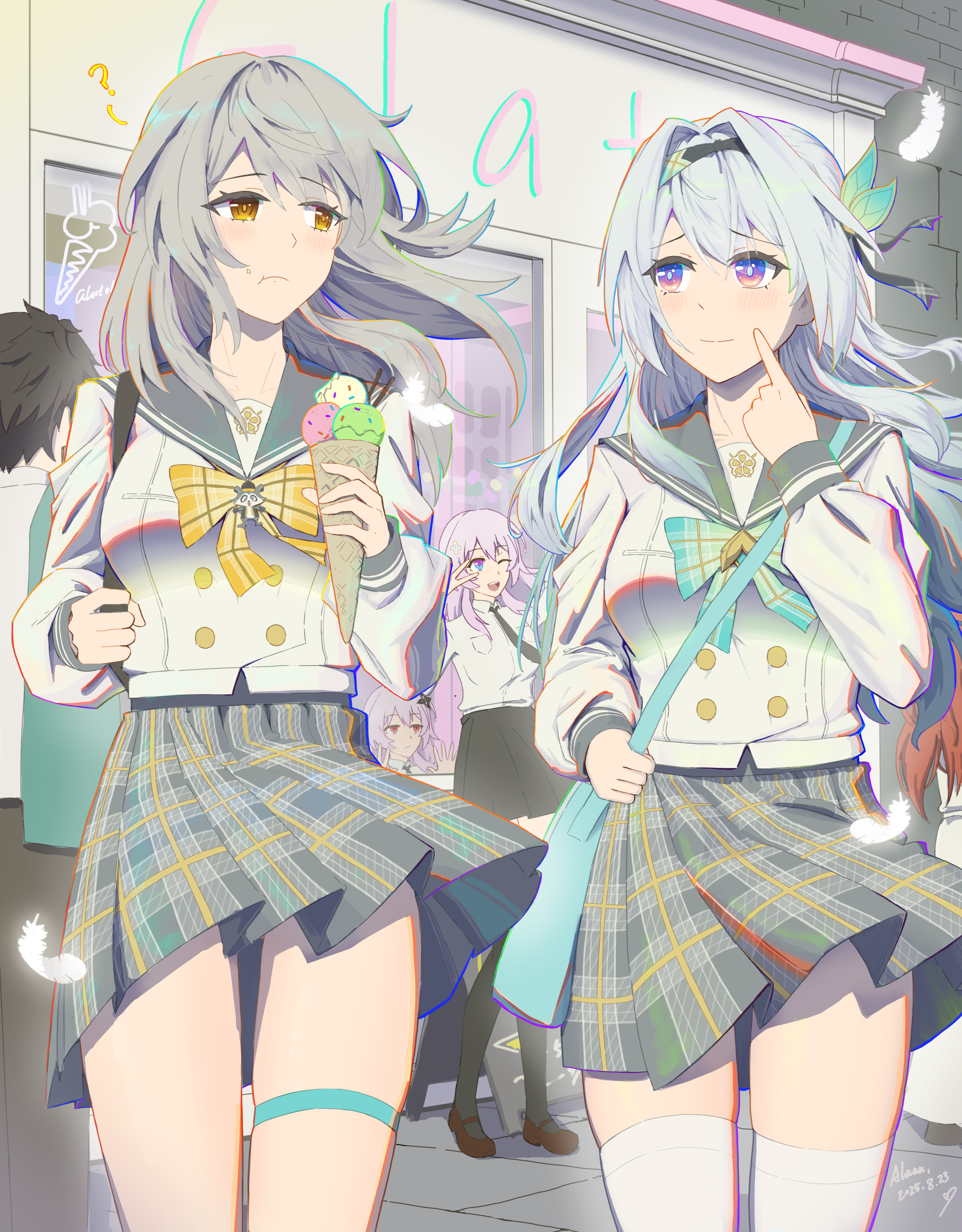 hammer tank, dan heng (honkai: star rail), evernight (honkai: star rail), firefly (honkai: star rail), firefly (spring missive) (honkai: star rail), march 7th (honkai: star rail), stelle (honkai: star rail), trailblazer (honkai: star rail), honkai: star rail, honkai (series), absurdres, commentary request, highres, 1boy, 4girls, ?, alternate costume, bag, black hairband, black necktie, black skirt, blue bag, blue pupils, bow, bowtie, breasts, buttons, closed mouth, cosplay, cowboy shot, dated, double-breasted, dual persona, eating, facing viewer, falling feathers, feathers, firefly (honkai: star rail) (cosplay), food, food on face, green bow, green bowtie, green eyes, grey hair, grey sailor collar, grey skirt, hair intakes, hairband, holding, holding food, holding ice cream, holding ice cream cone, holding strap, ice cream, ice cream cone, long hair, long sleeves, looking at another, medium breasts, multicolored eyes, multiple girls, necktie, official alternate costume, outdoors, plaid bow, plaid bowtie, plaid clothes, plaid skirt, pleated skirt, pointing, pointing at self, purple eyes, sailor collar, school uniform, serafuku, shirt, shoulder bag, signature, skirt, smile, storefront, thigh strap, thighhighs, two-tone eyes, untucked shirt, v, v over eye, white shirt, white thighhighs, wind, yellow bow, yellow bowtie, yellow eyes, zettai ryouiki