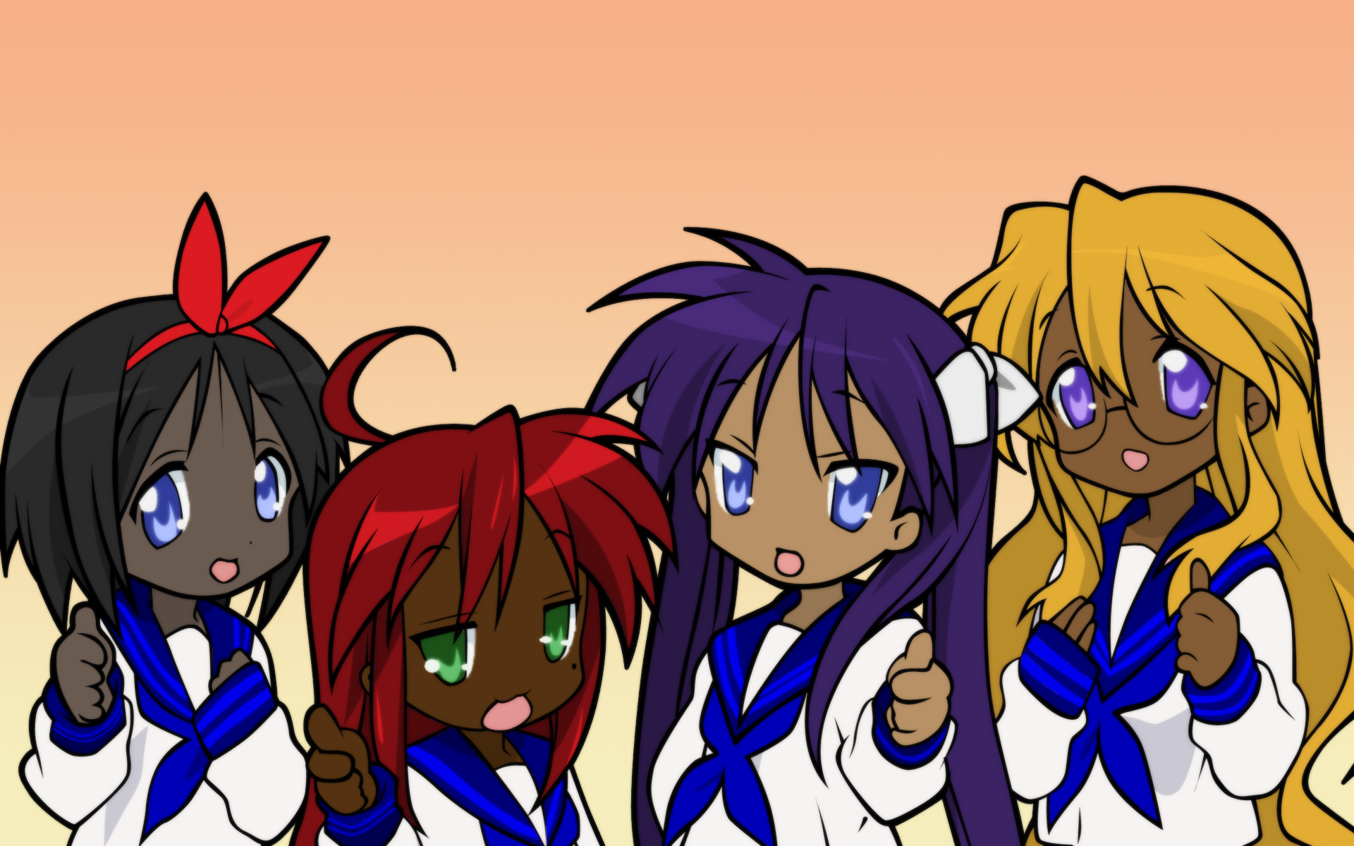 hiiragi kagami, hiiragi tsukasa, izumi konata, takara miyuki, lucky star, bad source, highres, 00s, 4girls, black hair, blonde hair, blue eyes, dark-skinned female, dark skin, glasses, green eyes, multiple girls, purple hair, red hair, school uniform, serafuku, siblings, sisters, twins