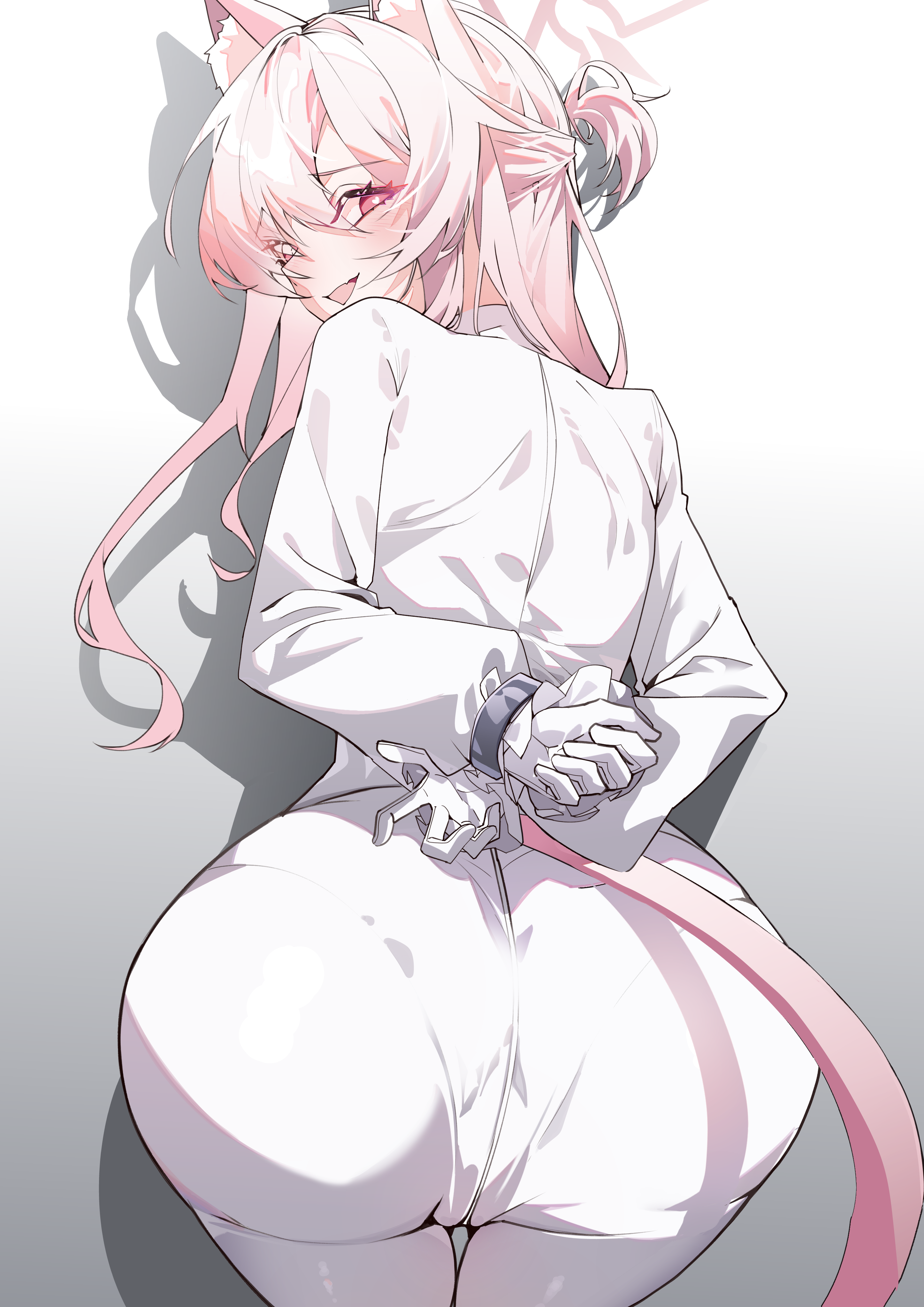 its2h35, akira (blue archive), blue archive, absurdres, highres, 1girl, animal ear fluff, animal ears, ass, bent over, blush, cameltoe, cat ears, cat girl, cat tail, fang, from behind, gloves, hair between eyes, half updo, halo, heart, heart-shaped pupils, long hair, open mouth, pants, pink hair, pink halo, red eyes, shirt, sidelocks, skin fang, solo, symbol-shaped pupils, tail, tight clothes, tight pants, white gloves, white pants, white shirt