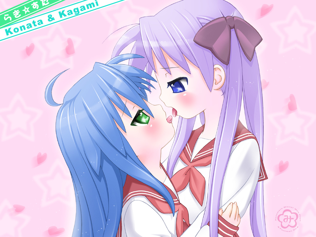 kleine erdbeere, hiiragi kagami, izumi konata, lucky star, 00s, 2girls, blue eyes, blue hair, eye contact, french kiss, green eyes, kiss, looking at another, multiple girls, school uniform, serafuku, tongue, tongue out, yuri