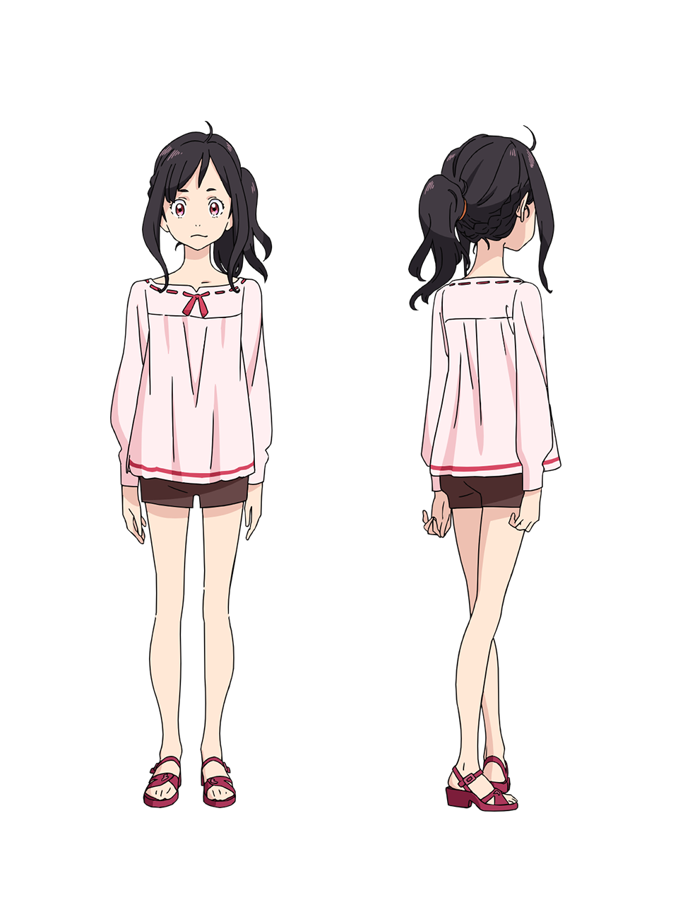 yoshida ken'ichi, chikyuugai shounen shoujo, highres, official art, 2girls, ahoge, anime coloring, back, black hair, braid, brown eyes, brown pants, collarbone, crown braid, from behind, full body, long sleeves, looking at viewer, medium hair, misasa miina, multiple girls, multiple views, pants, pink sandals, pink shirt, ponytail, sandals, shirt, short shorts, shorts, simple background, standing, tareme, thighs, transparent background
