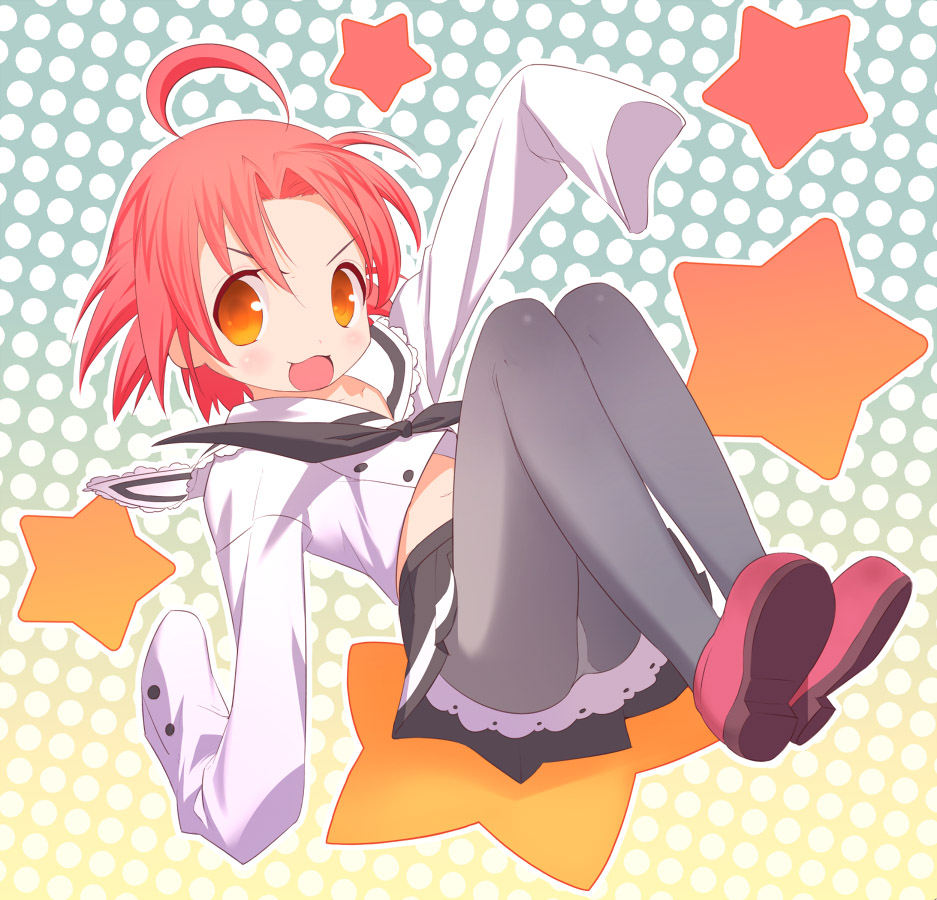uni (plastic girl), kogami akira, lucky star, 00s, 1girl, ahoge, female focus, lingerie, long sleeves, oversized clothes, panties, panties under pantyhose, pantyhose, petticoat, pink hair, red hair, red shoes, school uniform, serafuku, shoes, solo, underwear, yellow eyes