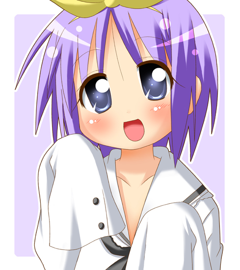 minami (colorful palette), hiiragi tsukasa, kogami akira, lucky star, blue eyes, blue hair, cosplay, kogami akira (cosplay), oversized clothes, school uniform, serafuku, solo