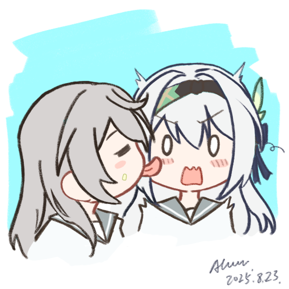 hammer tank, firefly (honkai: star rail), firefly (spring missive) (honkai: star rail), stelle (honkai: star rail), trailblazer (honkai: star rail), honkai: star rail, honkai (series), commentary request, 0 0, 2girls, black hairband, blue background, blush, closed eyes, cosplay, dated, firefly (honkai: star rail) (cosplay), flustered, food, food on face, grey hair, grey sailor collar, hairband, licking, licking another's face, long hair, multiple girls, official alternate costume, open mouth, portrait, sailor collar, school uniform, serafuku, signature, simple background, sketch, tongue, tongue out, two-tone background, white background, yuri
