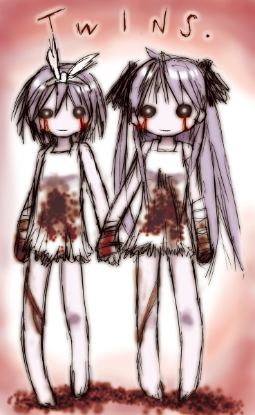 hiiragi kagami, hiiragi tsukasa, lucky star, tagme, 00s, 2girls, bandages, blood, long hair, looking at viewer, multiple girls, purple hair, short hair, sisters, standing, text focus, twins, twintails
