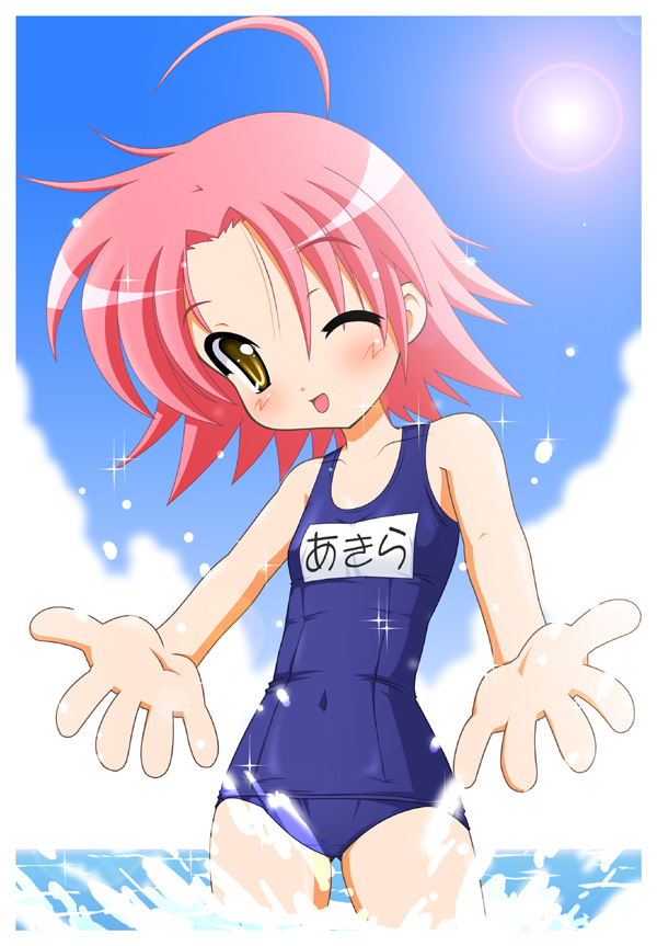 kogami akira, lucky star, 00s, 1girl, female focus, name tag, one-piece swimsuit, red hair, school swimsuit, solo, swimsuit, yellow eyes