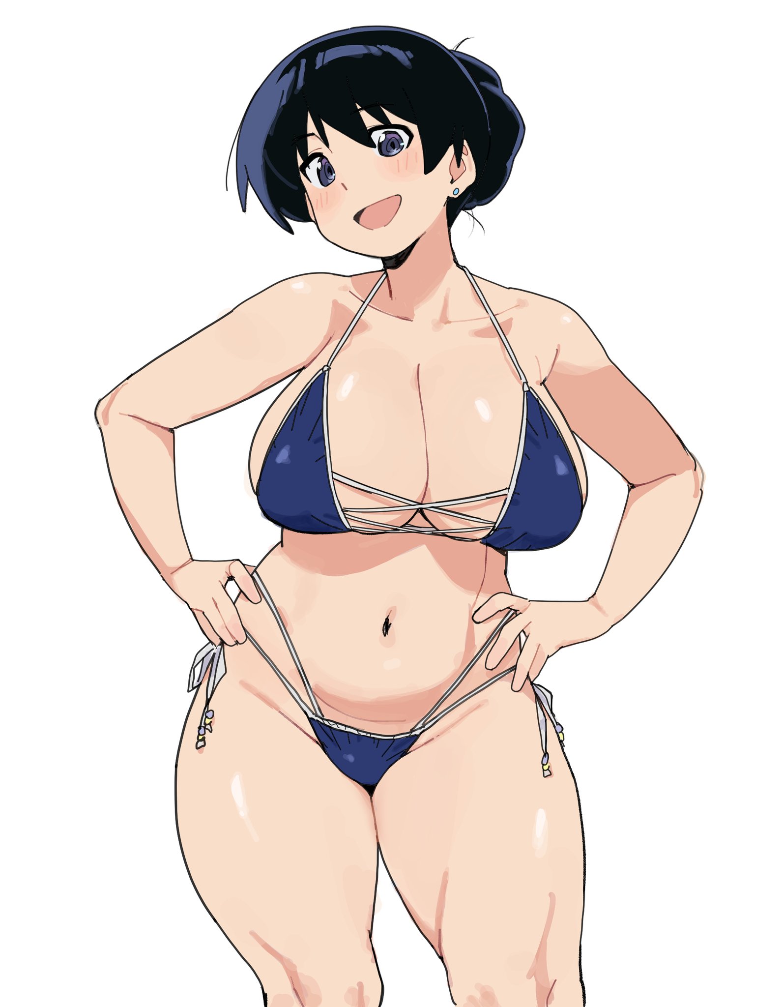 denpatou, arato nagi, ruri no houseki, highres, 1girl, bikini, black eyes, black hair, blue bikini, breasts, cleavage, collarbone, curvy, earrings, groin, hair bun, hand on own hip, huge breasts, jewelry, large breasts, looking at viewer, navel, official alternate costume, open mouth, side-tie bikini bottom, simple background, smile, solo, stomach, string bikini, stud earrings, swimsuit, thick thighs, thighs, white background, wide hips