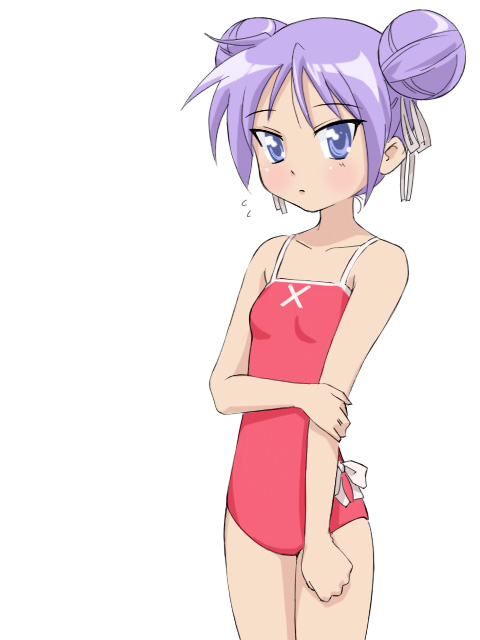 takahashi ren, hiiragi kagami, lucky star, 00s, 1girl, alternate hairstyle, bare shoulders, blue eyes, bow, collarbone, cowboy shot, double bun, female focus, hair bun, hair ribbon, one-piece swimsuit, purple hair, red one-piece swimsuit, ribbon, shy, simple background, solo, swimsuit, tsurime, white background