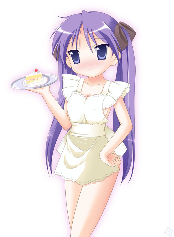 rodori gesu, hiiragi kagami, lucky star, 00s, 1girl, apron, blue eyes, blue hair, blush, breasts, cake, cleavage, collarbone, embarrassed, female focus, food, gradient background, hair ribbon, hand on own hip, hip focus, long hair, matching hair/eyes, naked apron, pastry, purple eyes, purple hair, ribbon, simple background, small breasts, solo, tsurime, twintails